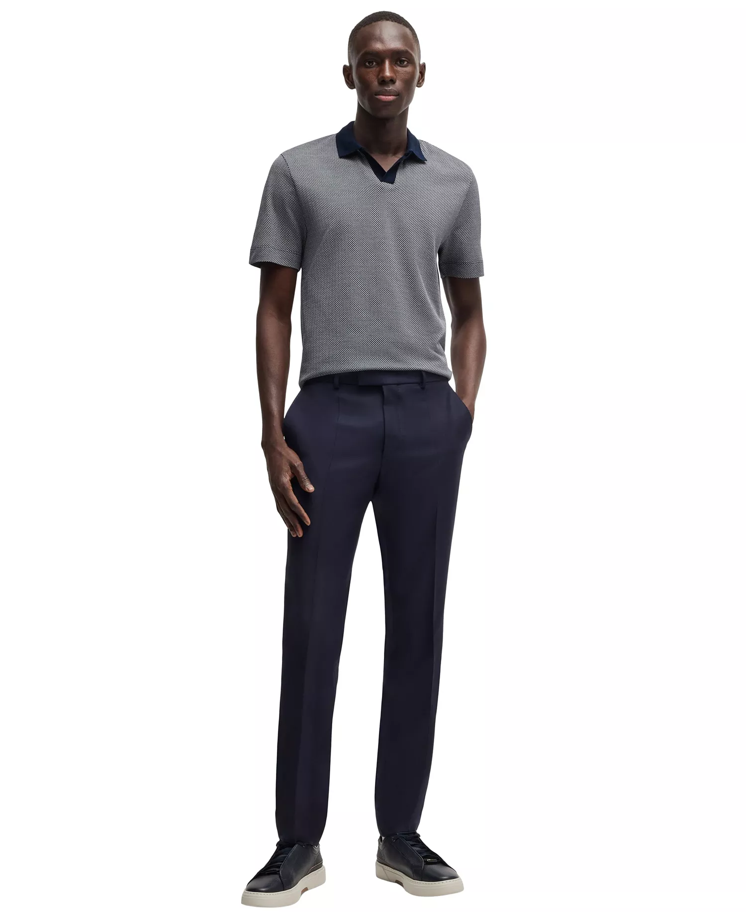 Men's Cotton Silk Dot-Pattern Polo Shirt - Dark Blue - M