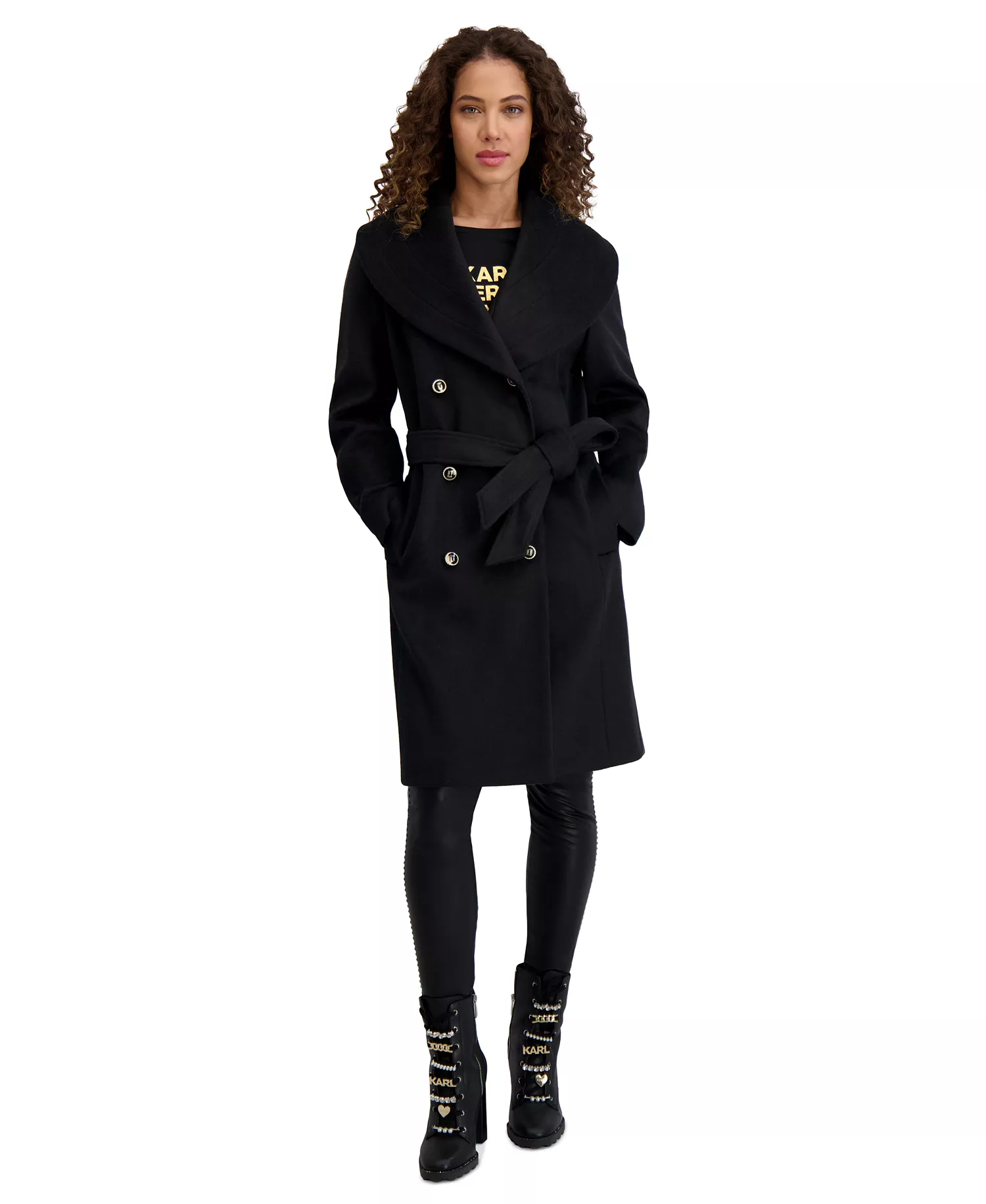 Women's Double-Breasted Belted Coat - Black - L