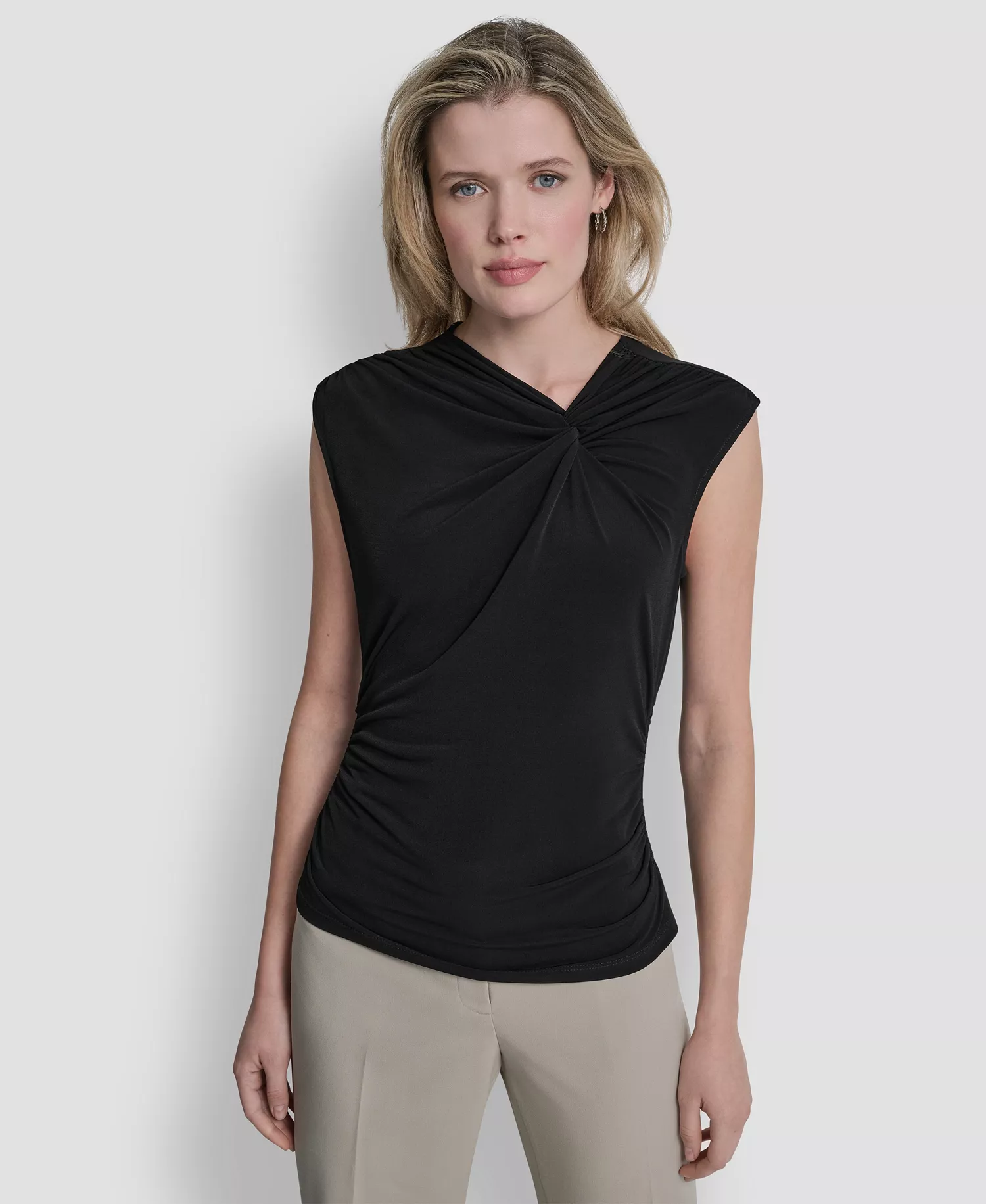 Women's Asymmetric Neck Cap-Sleeve Knit Top - Black - L