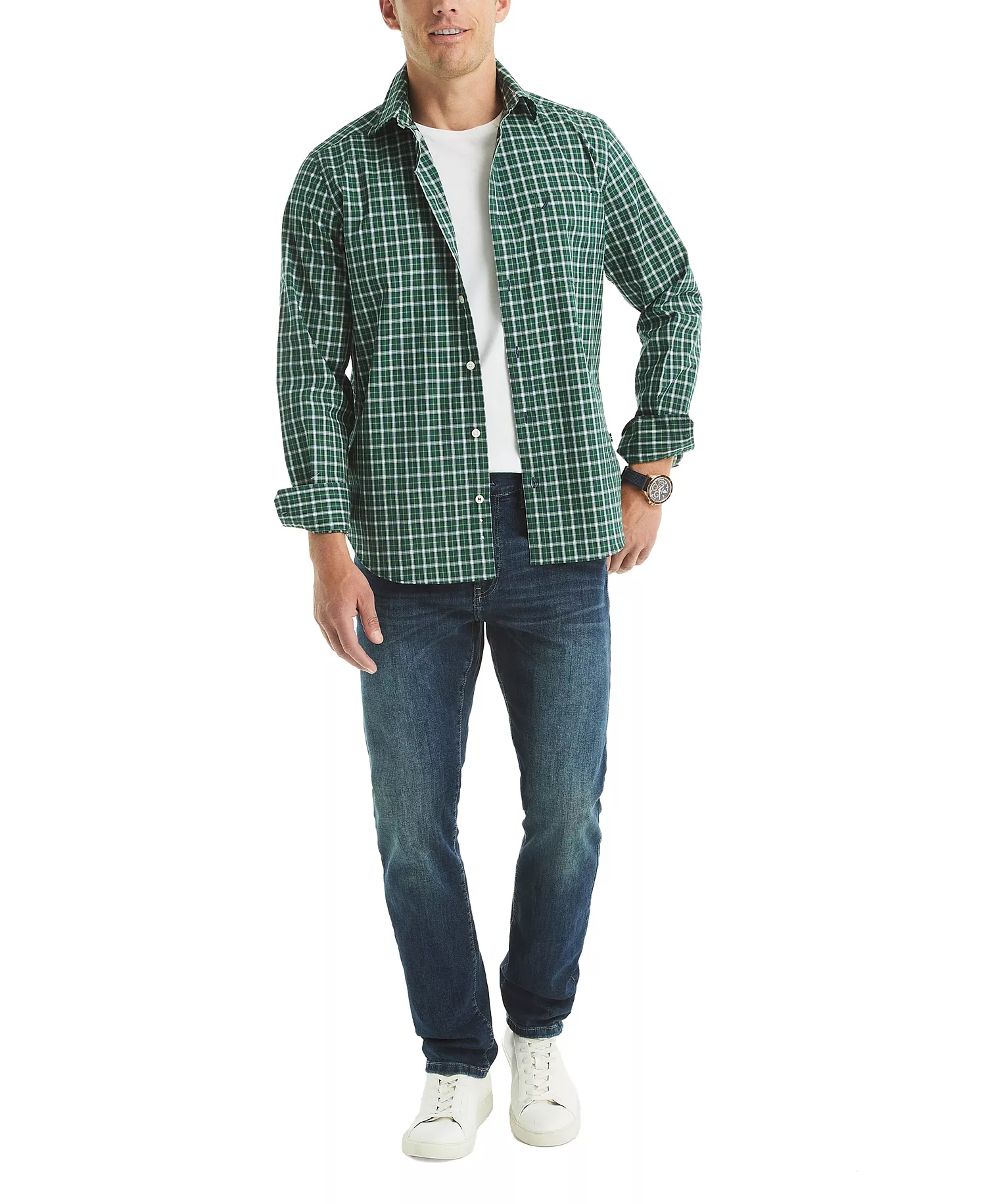 Men's Plaid Pattern Button-Down Shirt - Spruce - 2XL