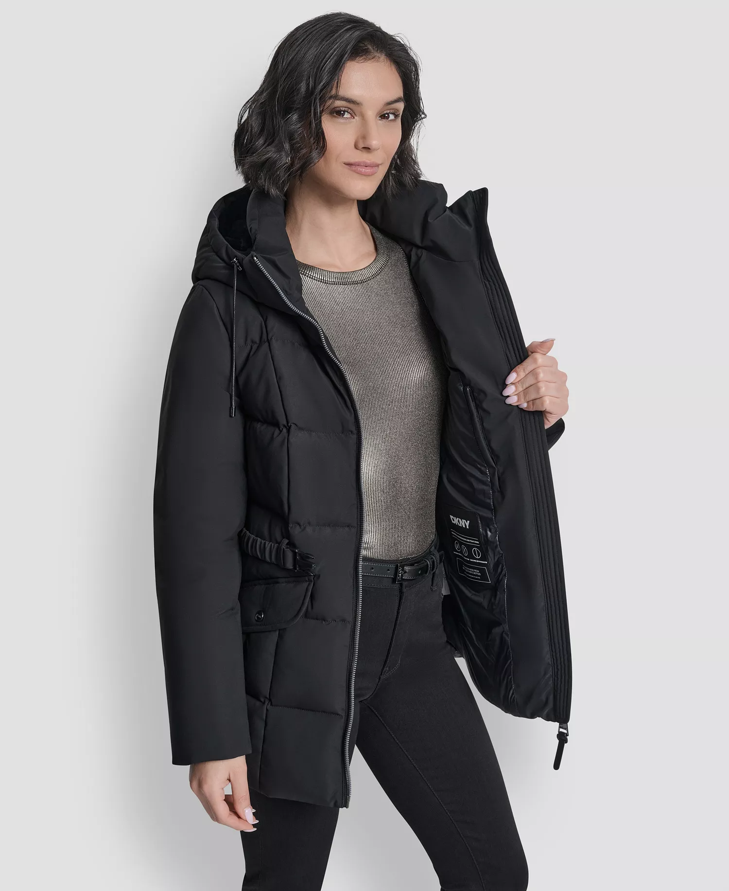Women's Belted Hooded Puffer Coat - Black - L