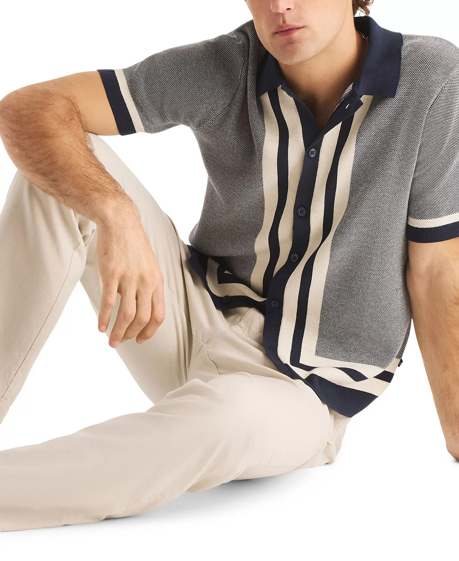 Men's Jacquard Short-Sleeve Sweater Shirt - Navy Seas - 2XL