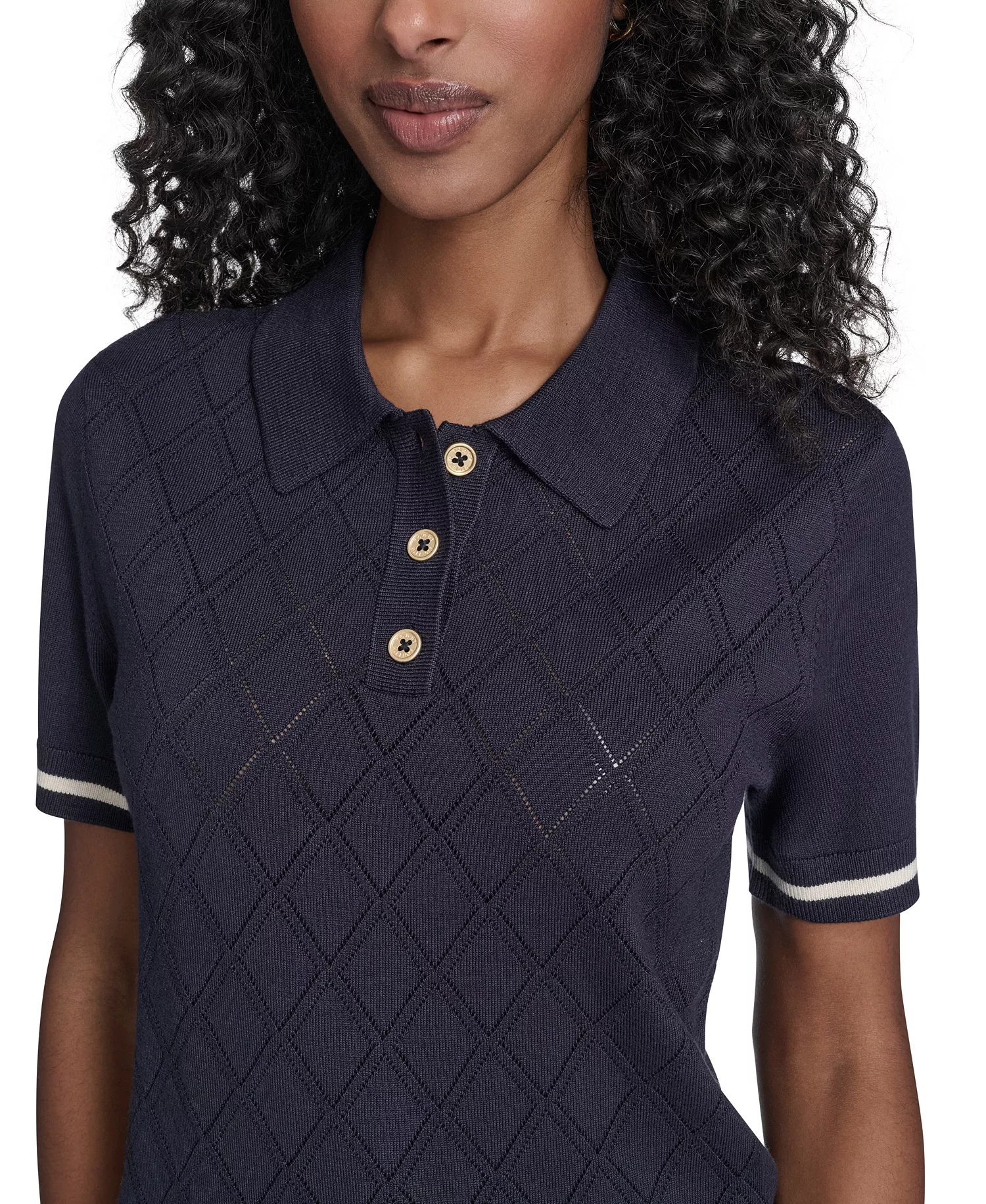 Women's Short Sleeve Pointelle Polo Sweater - Midnight/ Whitecap - L