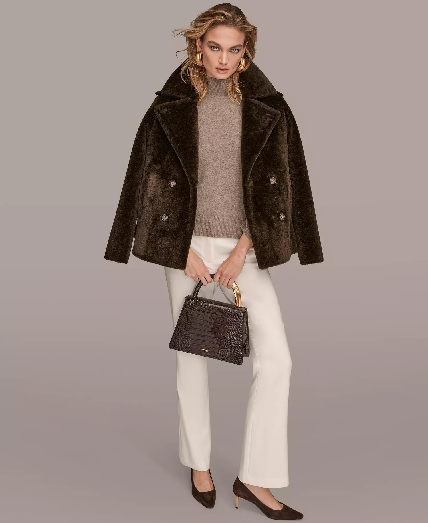 Women's Double-Breasted Coat - Chocolate - L
