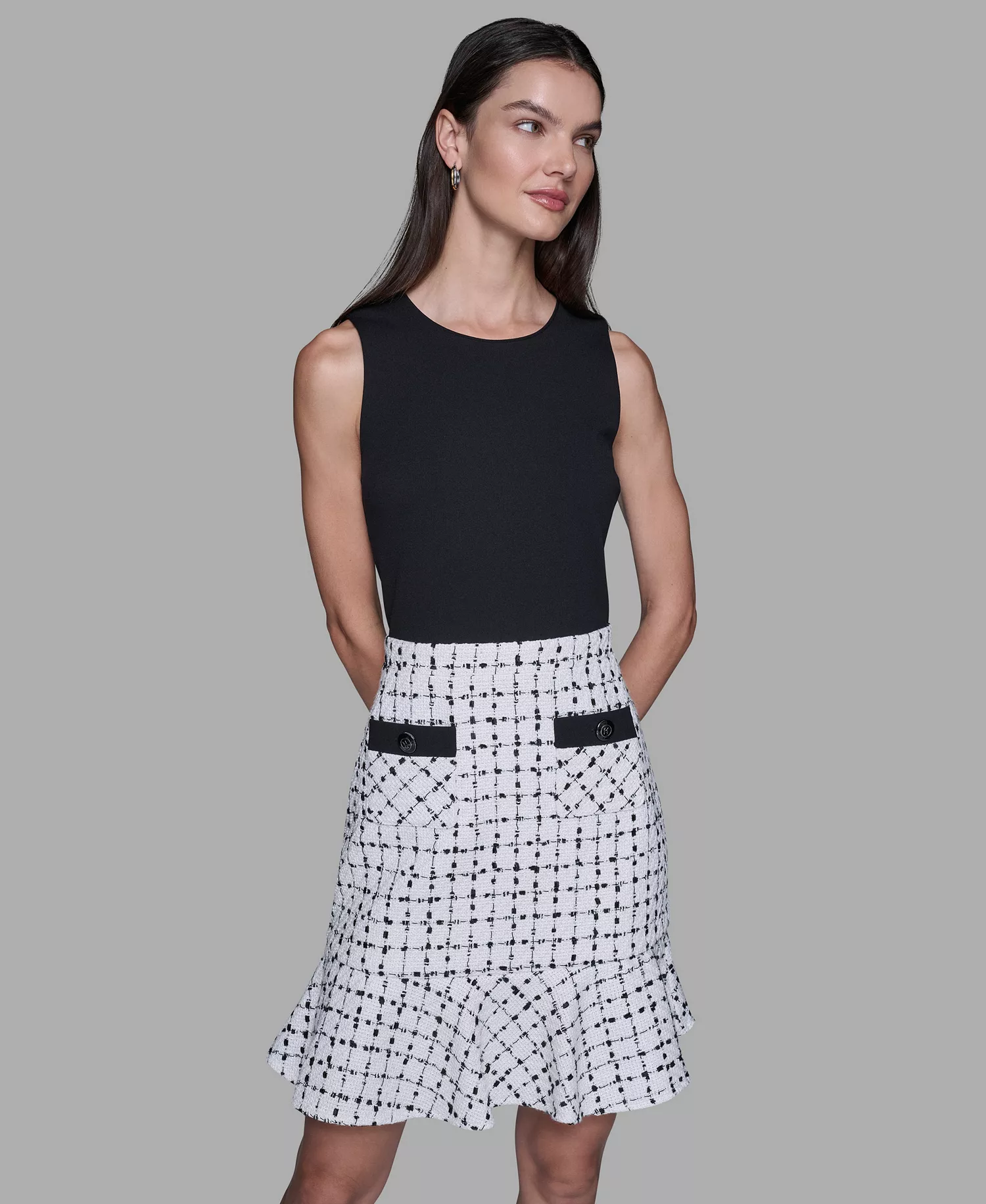Women's Contrast Grid Tweed Sheath Dress - Soft White/Black - 10