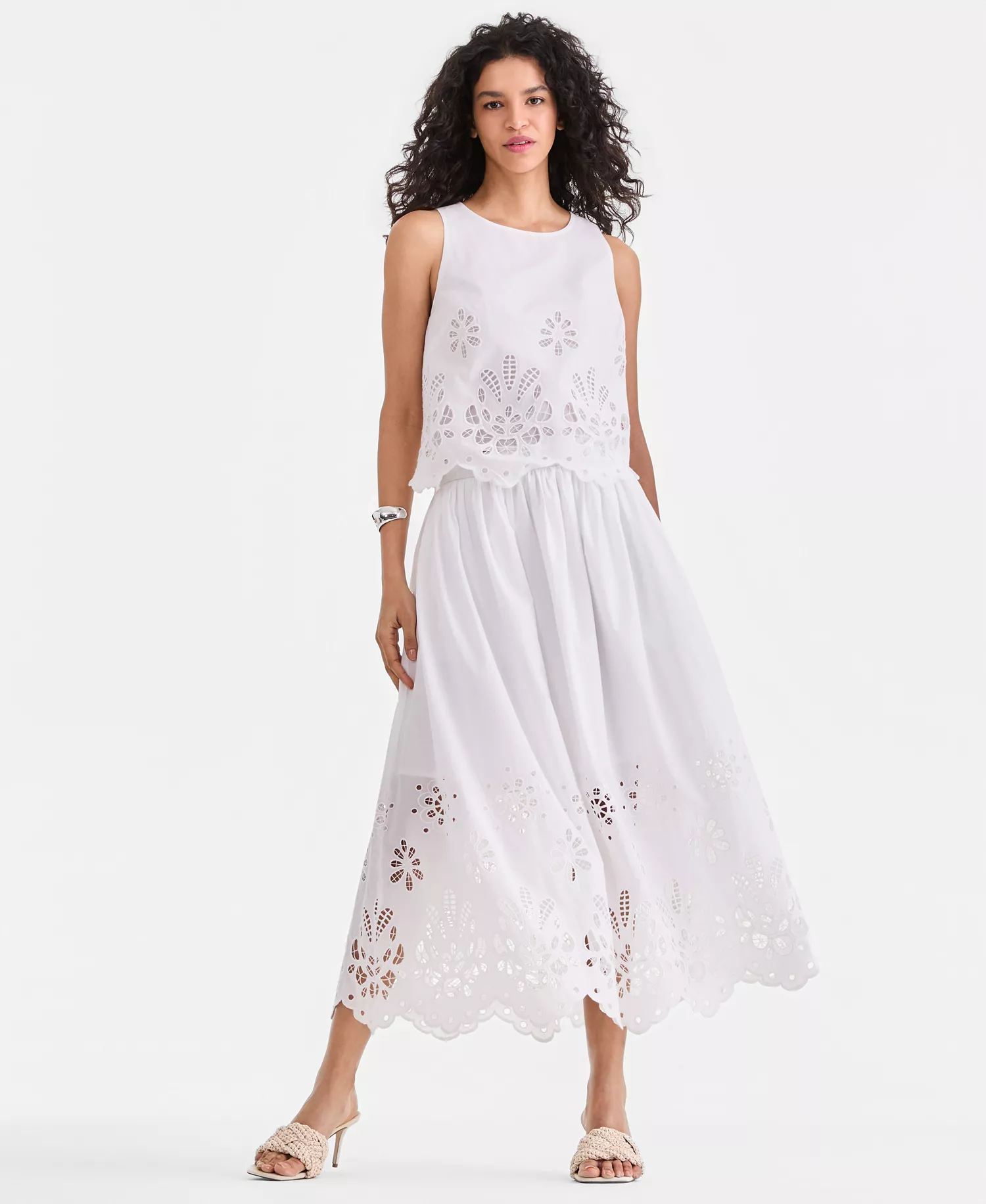 Women's Cotton Eyelet Lace Midi Skirt, Macy's Exclusive  - Bright White - L