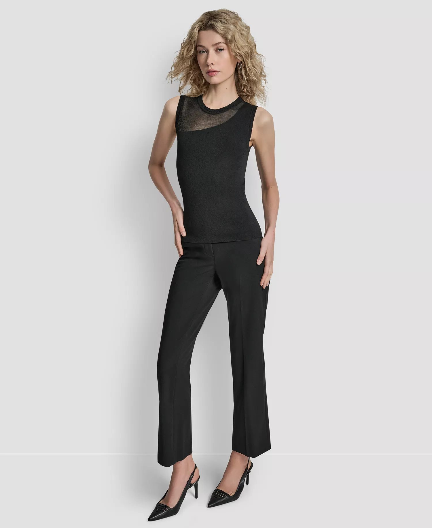 Women's Asymmetric Sheer Panel Sleeveless Sweater - Black - L