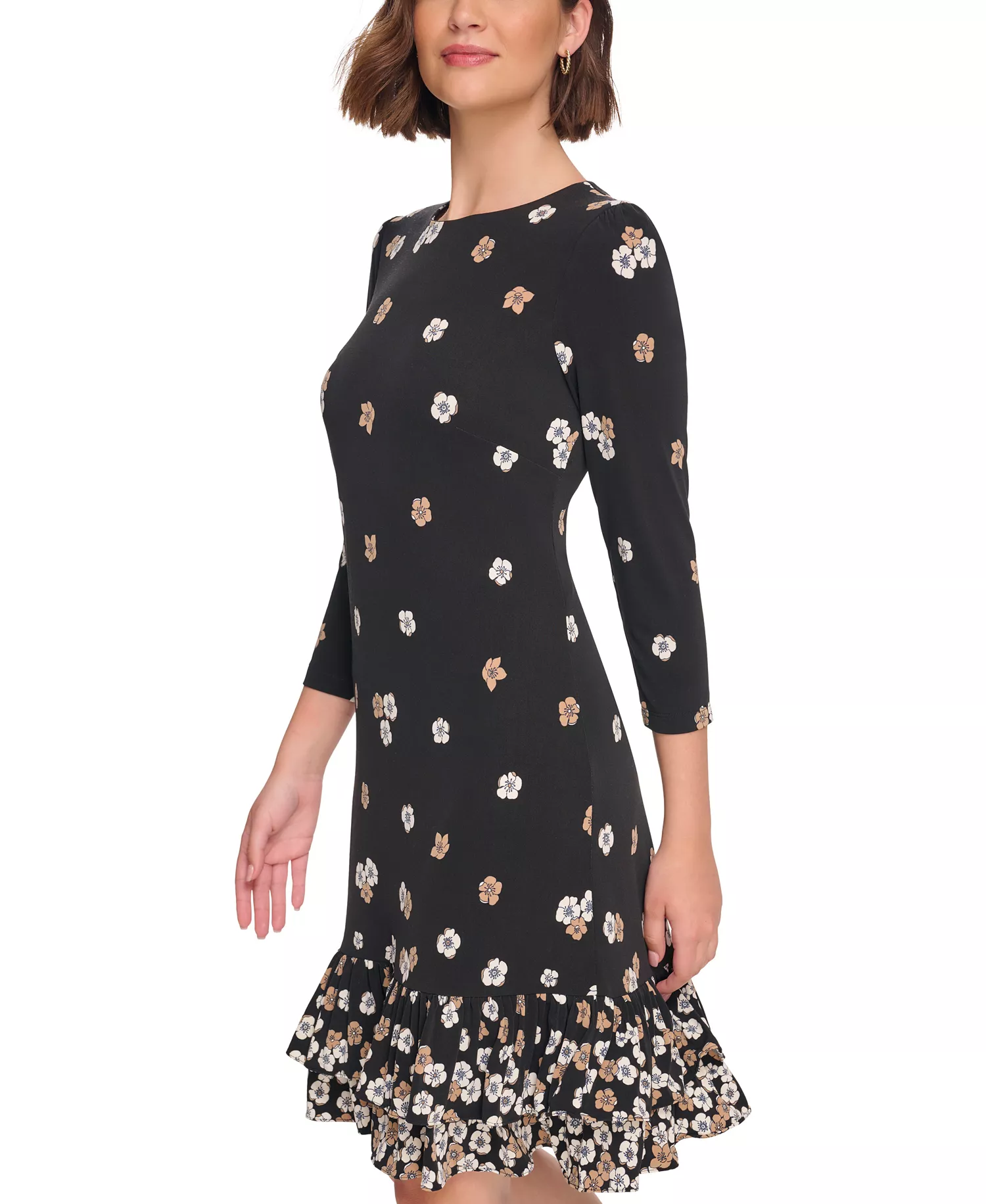 Women's 3/4-Sleeve Flounce-Hem Dress   - Black/cream - 10