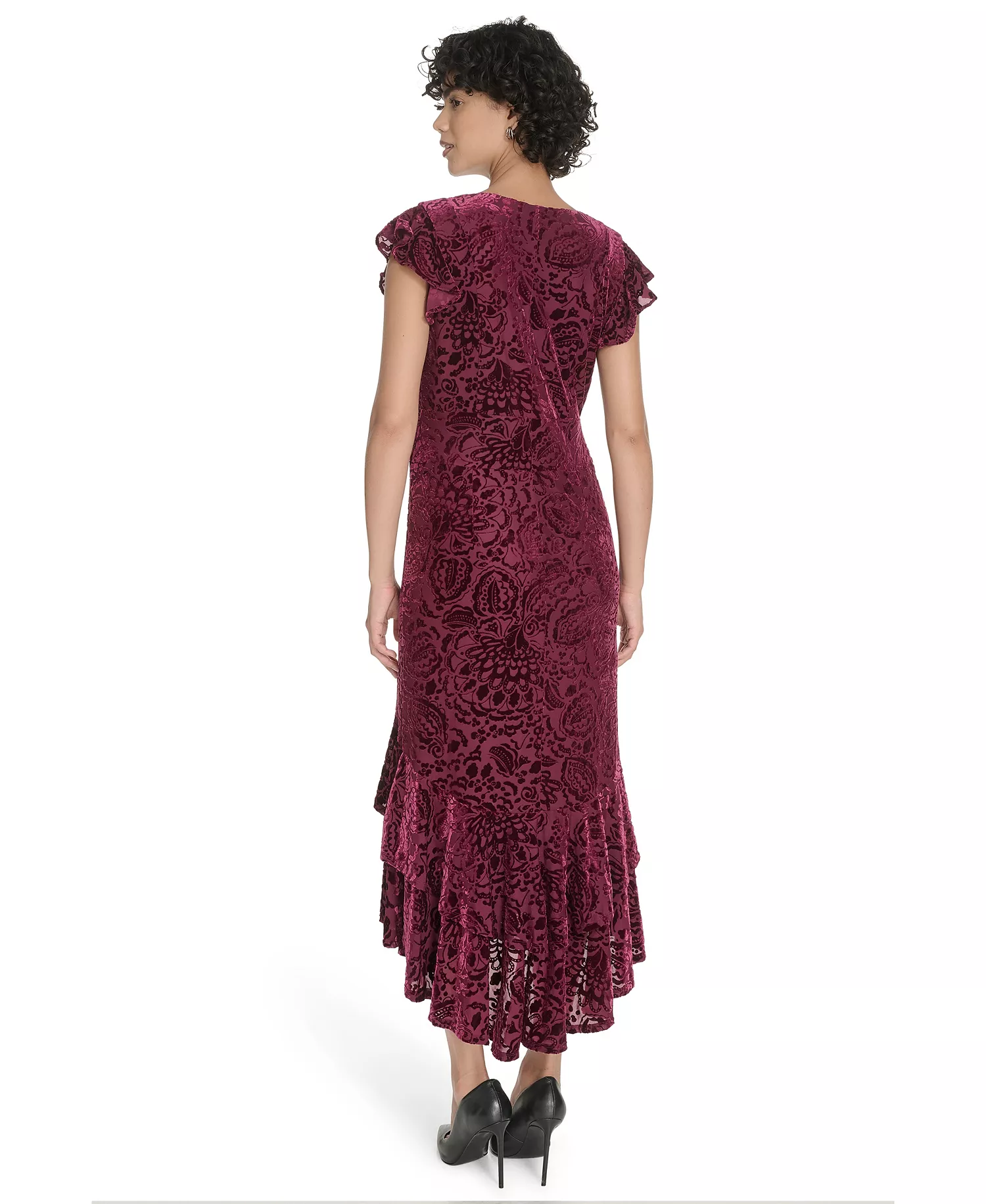 Women's Burnout Velvet Ruffled High-Low Dress - Ruby - 2