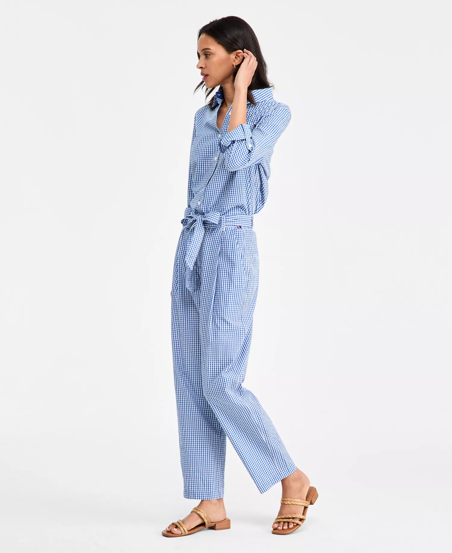 Women's Gingham Belted Tapered Pants - Blue Orbit - L