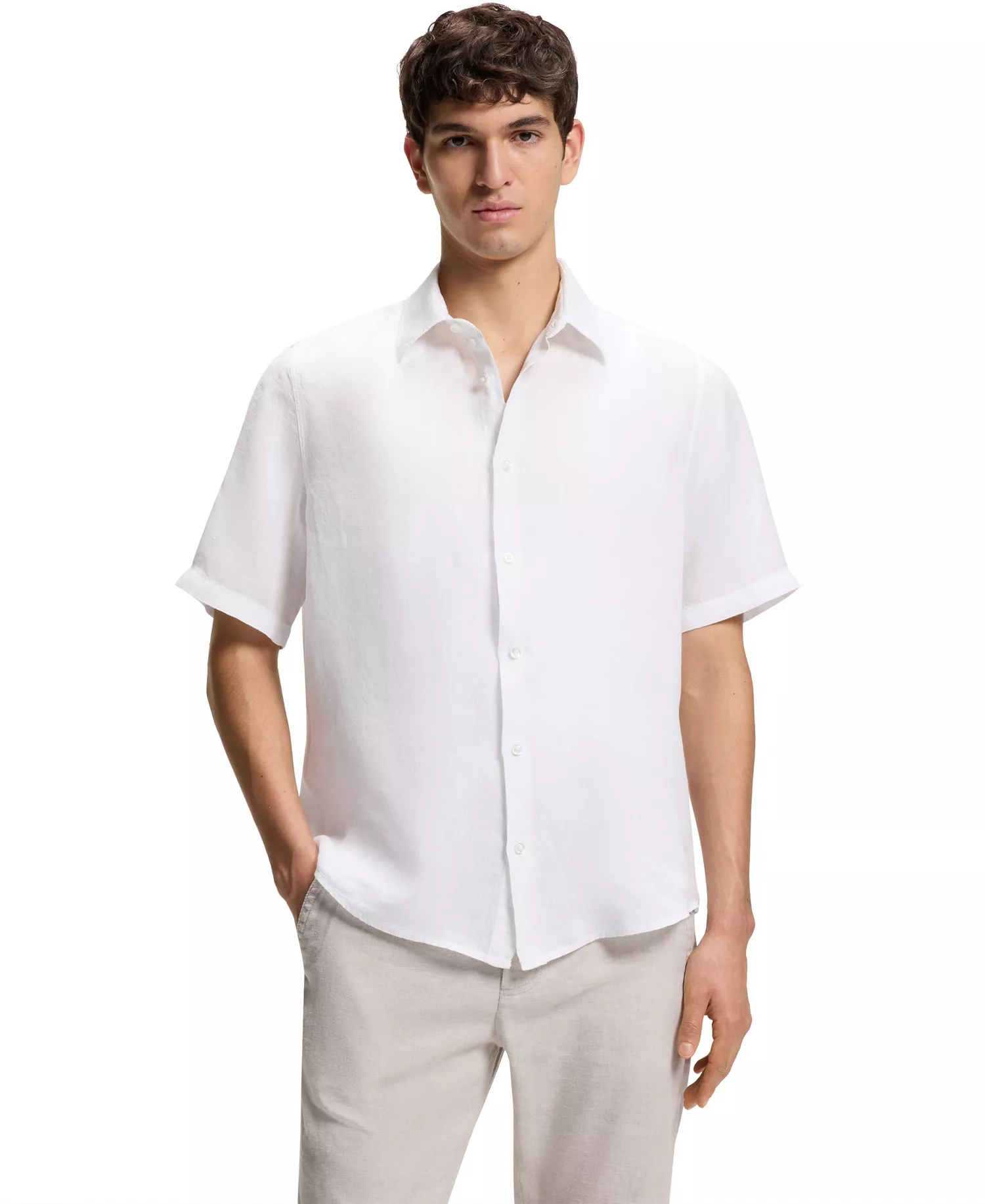 Men's Linen Regular-Fit Short-Sleeved Shirt - White - 2XL