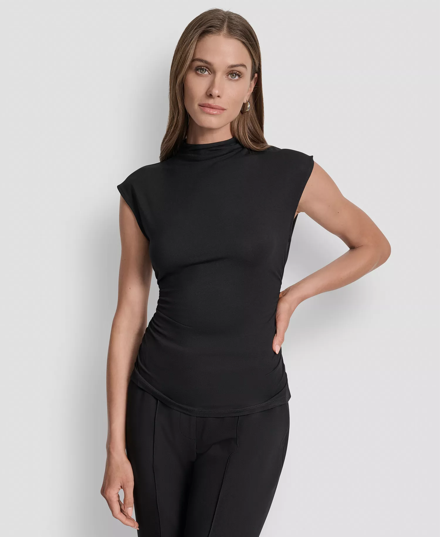 Petite Mock-Neck Sleeveless Side-ruched Knit Top - Black - PL