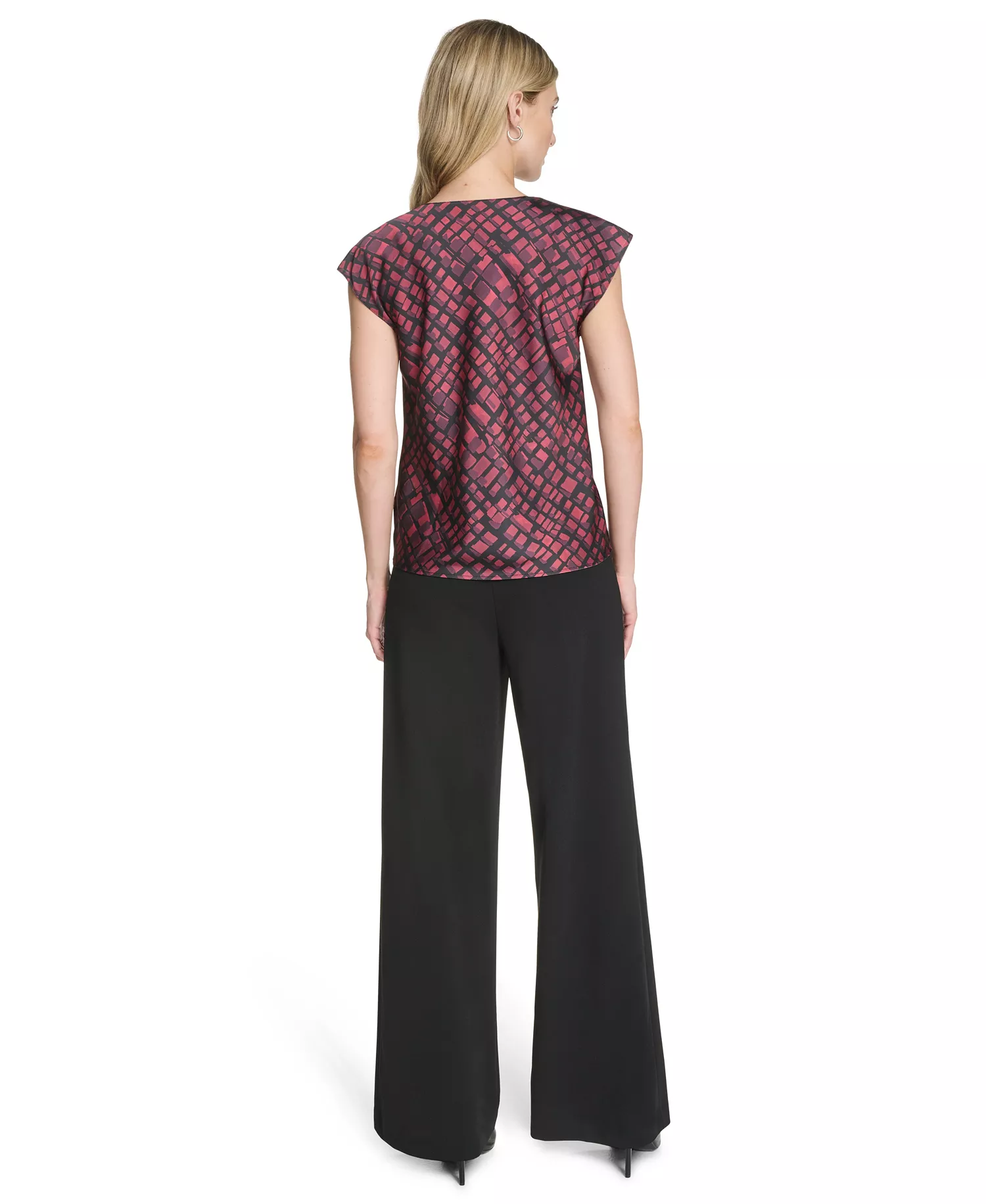 Women's Short Sleeve Cowl Neck Pull-On Blouse - Cranberry Multi - L