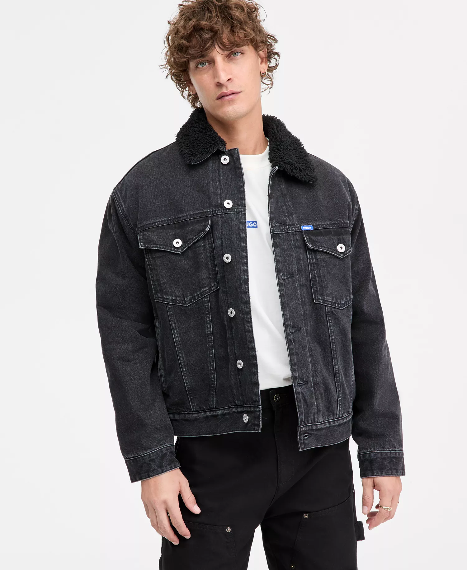 Dex Stone Wash Denim Trucker Jacket with Fleece Collar - charcoal - 2XL