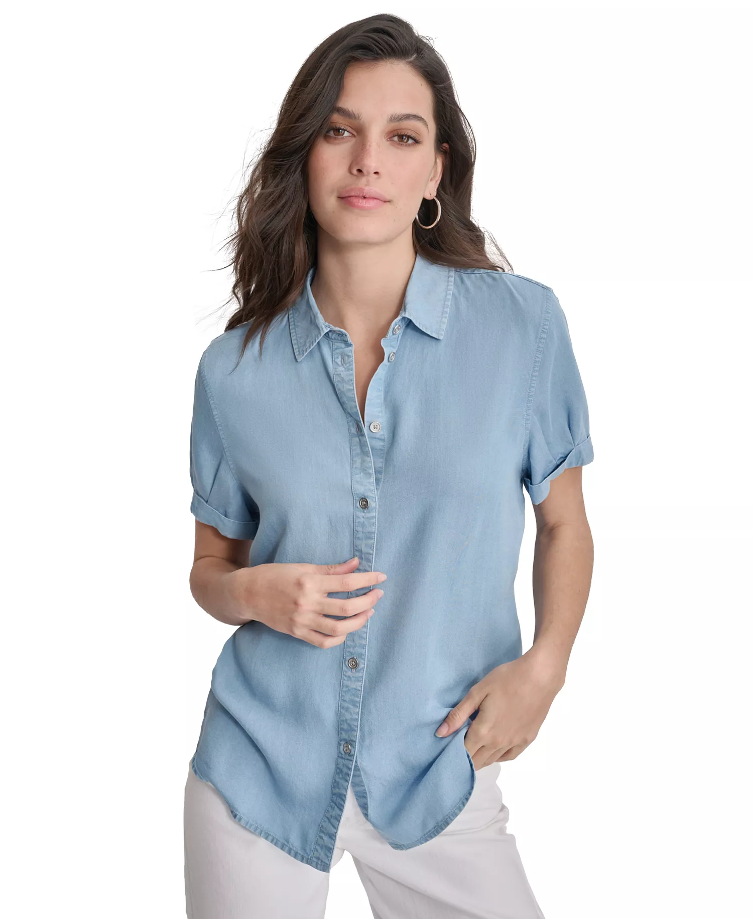 Petite Chambray Rolled Short-Sleeve Button-Up Shirt - Chambray - PL