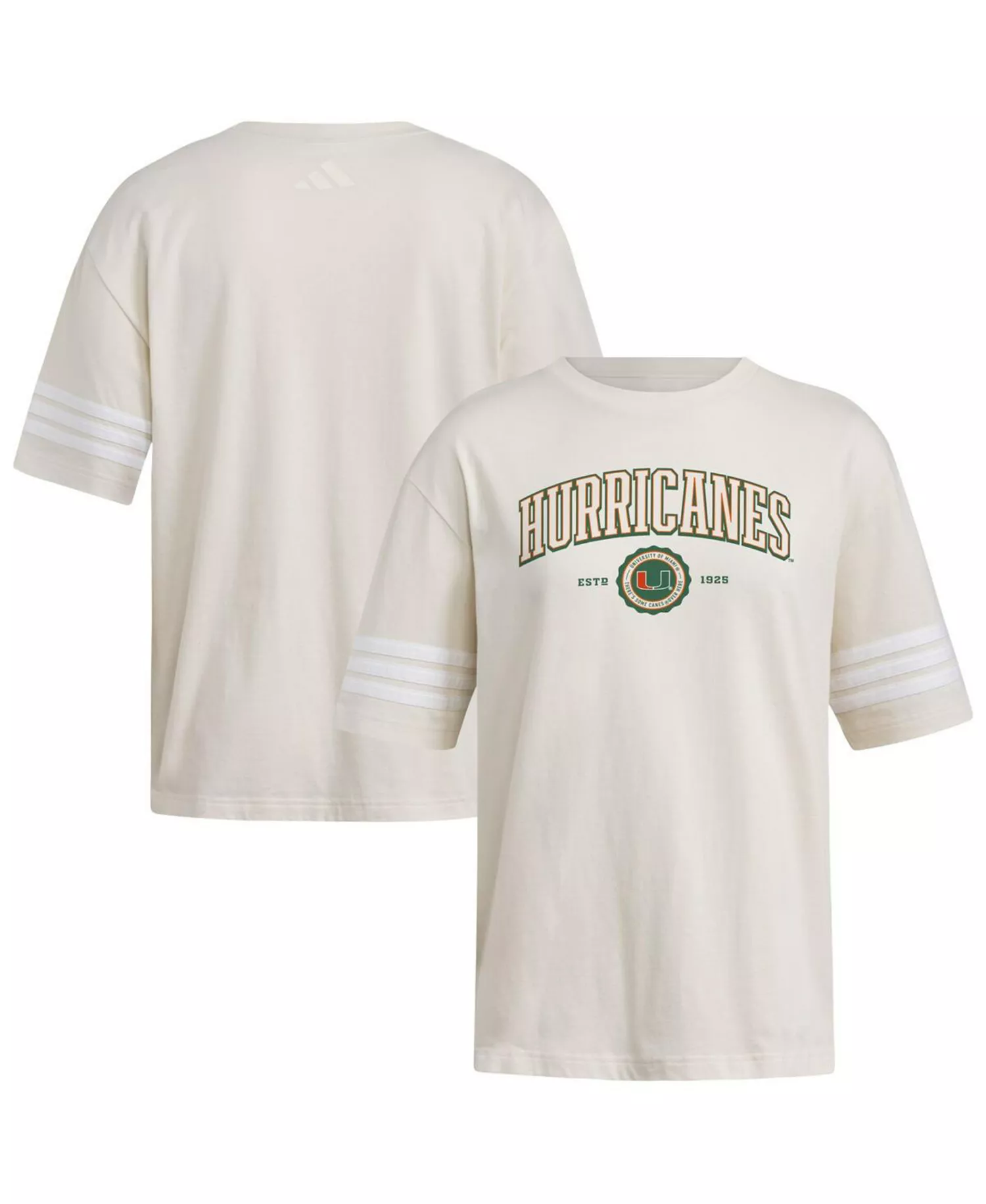 Women's Cream Miami Hurricanes Fashion Three-Stripes Oversized T-Shirt - Cream - 2XL