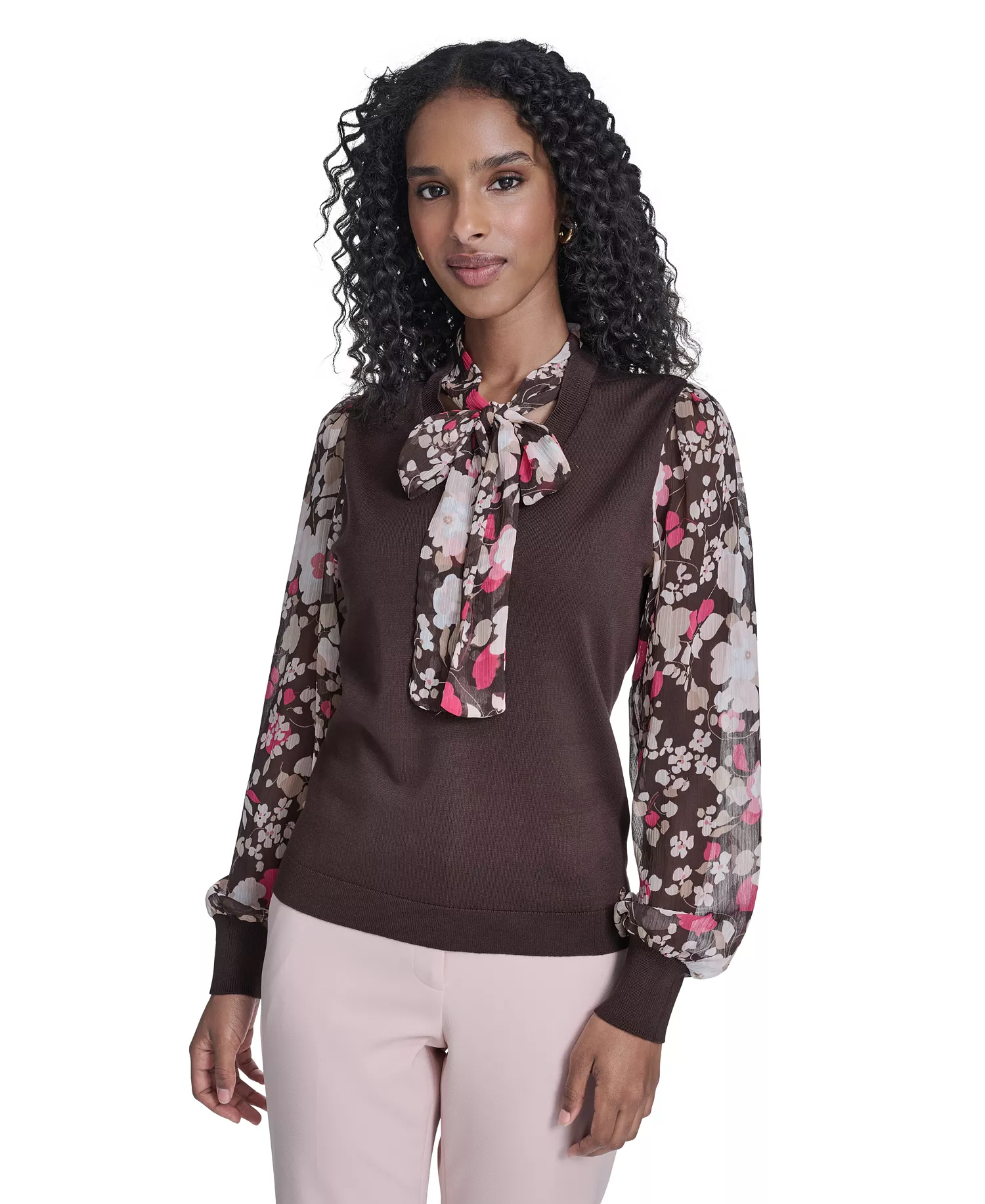 Women's Mixed Media Tie Neck Sweater - Chicory - L