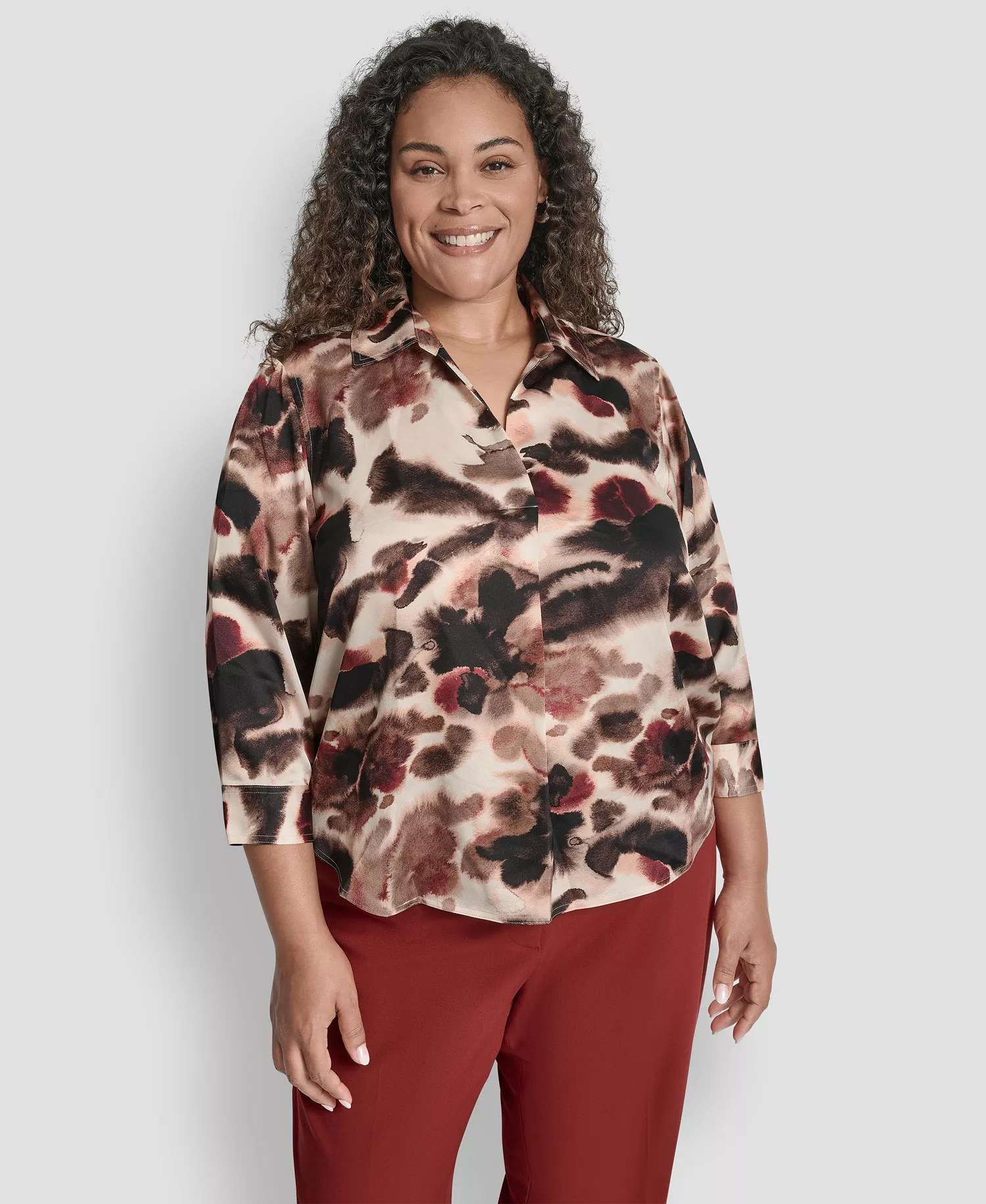 Plus Size Printed Pleat-Front 3/4-Sleeve Blouse - Blonde Truffle Multi - 1X