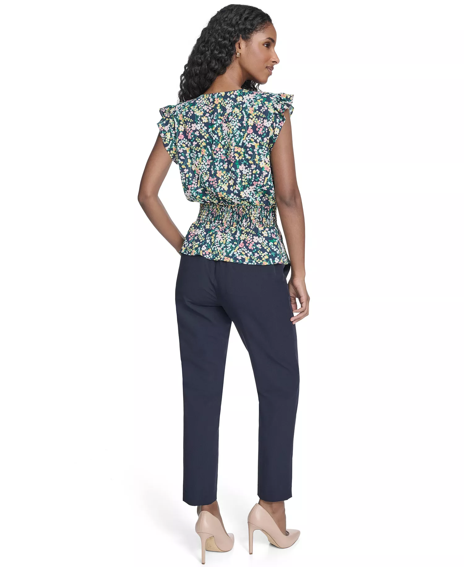 Women's Floral Smocked Peplum Top - Mdingiht Multi - L