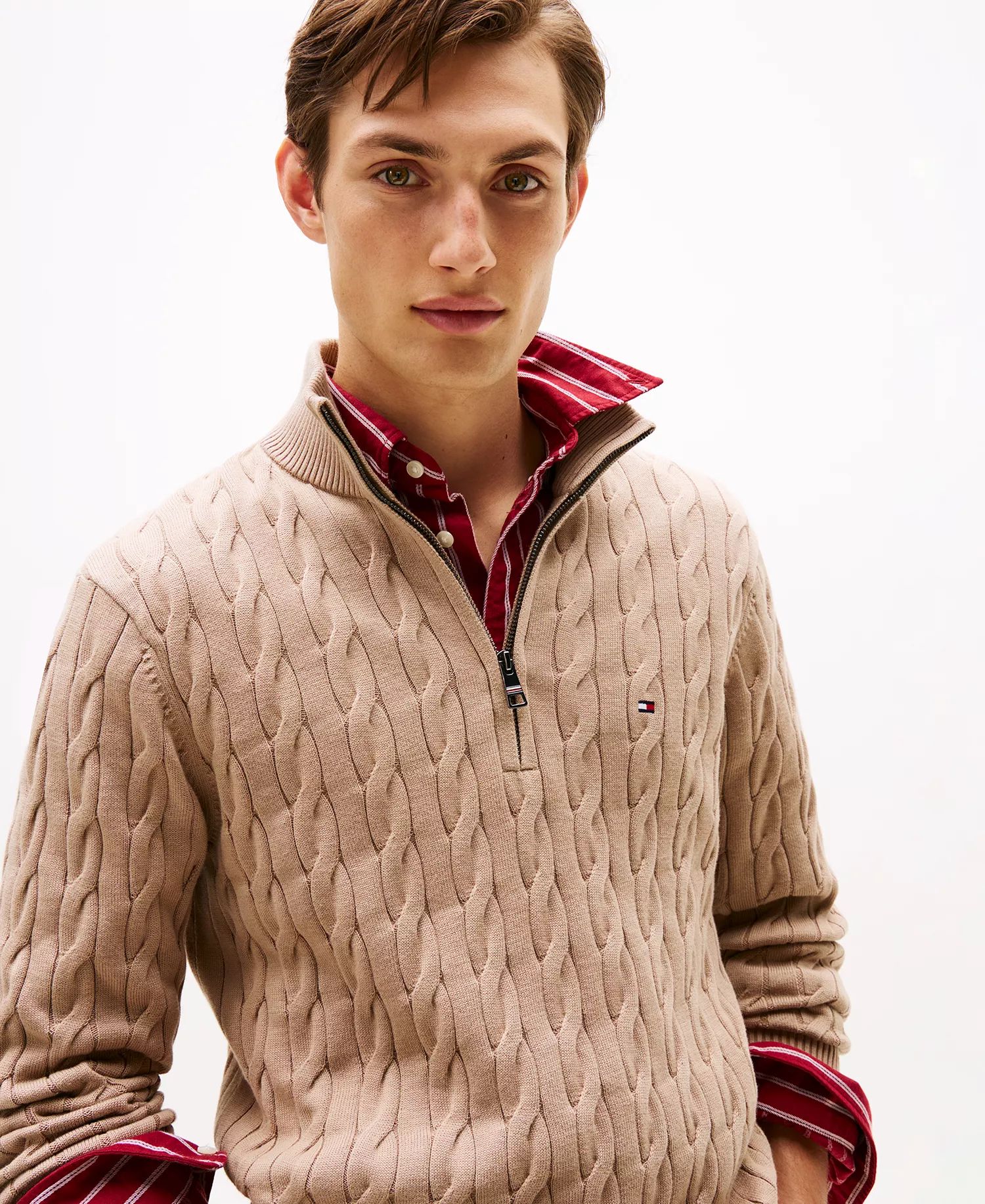 Men's Long-Sleeve Cable Knit Quarter-Zip Sweater - Coastal Taupe - L