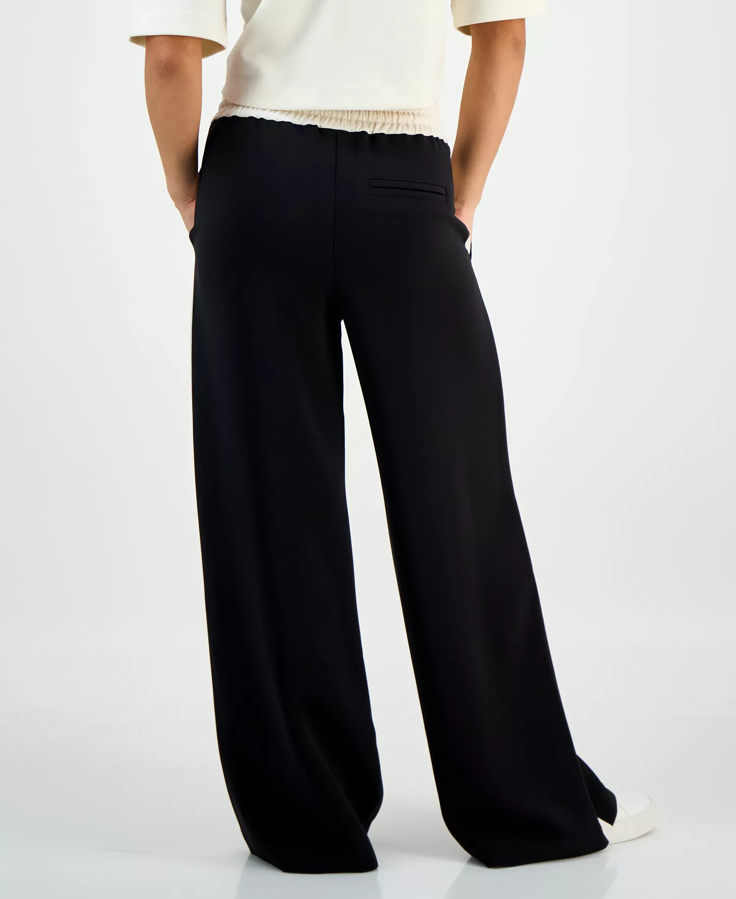 Petite Drawstring-Waist Side-Stripe Wide-Leg Pants, Macy's Exclusive - Deep Black - P/L