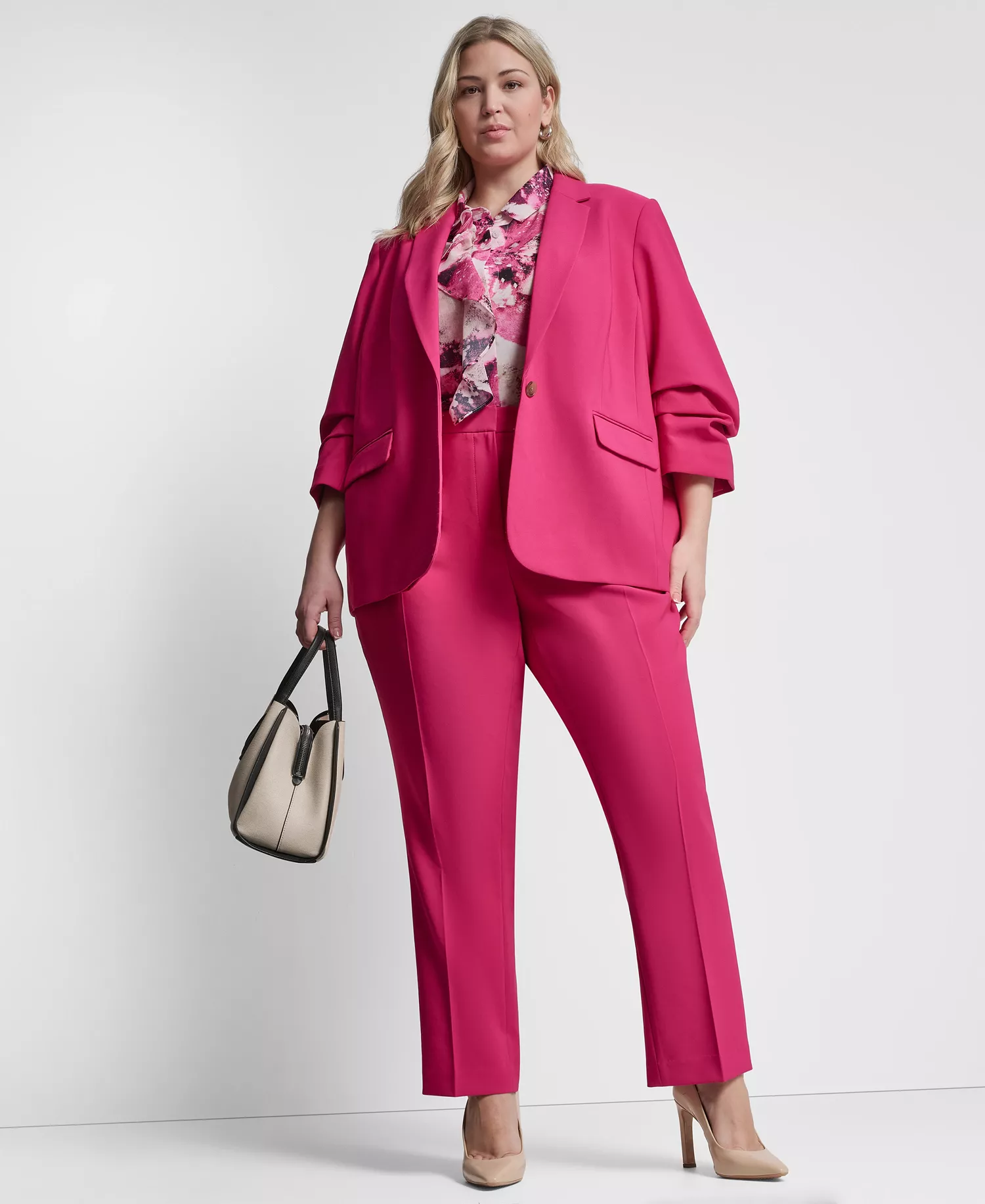 Plus Size 1-Button Ruched-Sleeve Blazer - Hot Pink - 14W