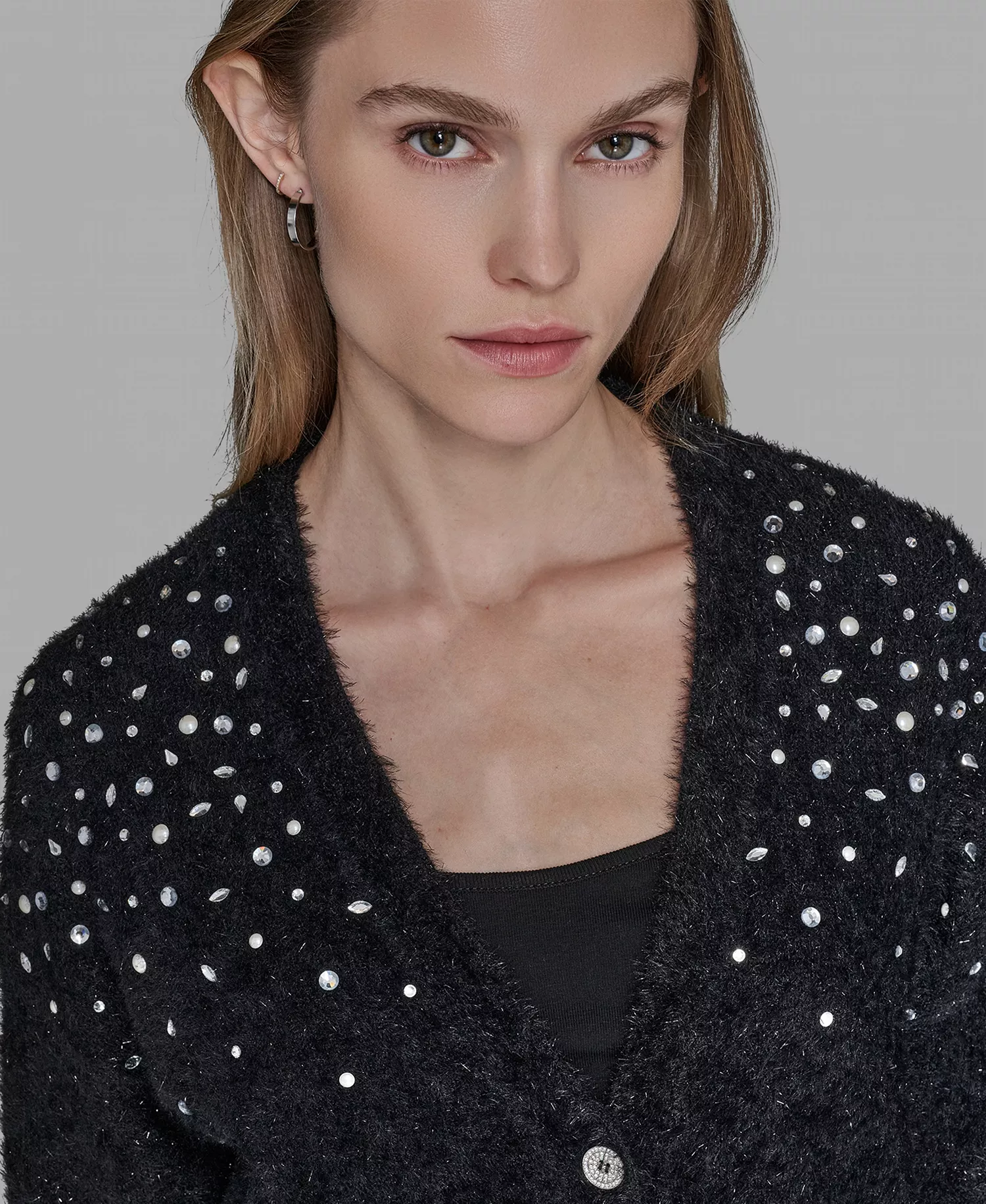 Women’s V-Neck Cardigan with Signature Button Closure - Black - L