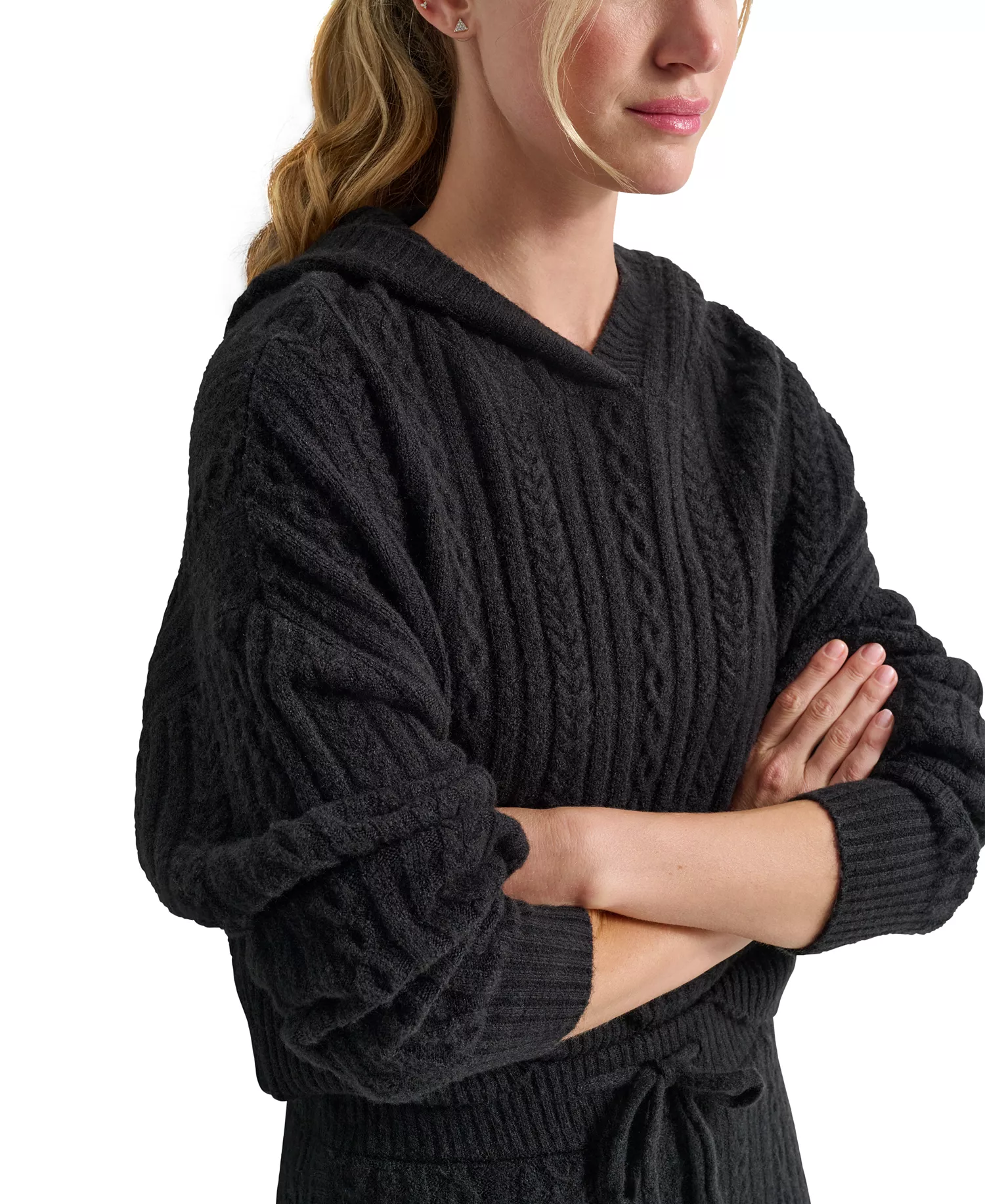 Women's Cable-Knit Pullover Hooded Sweater - Black - L