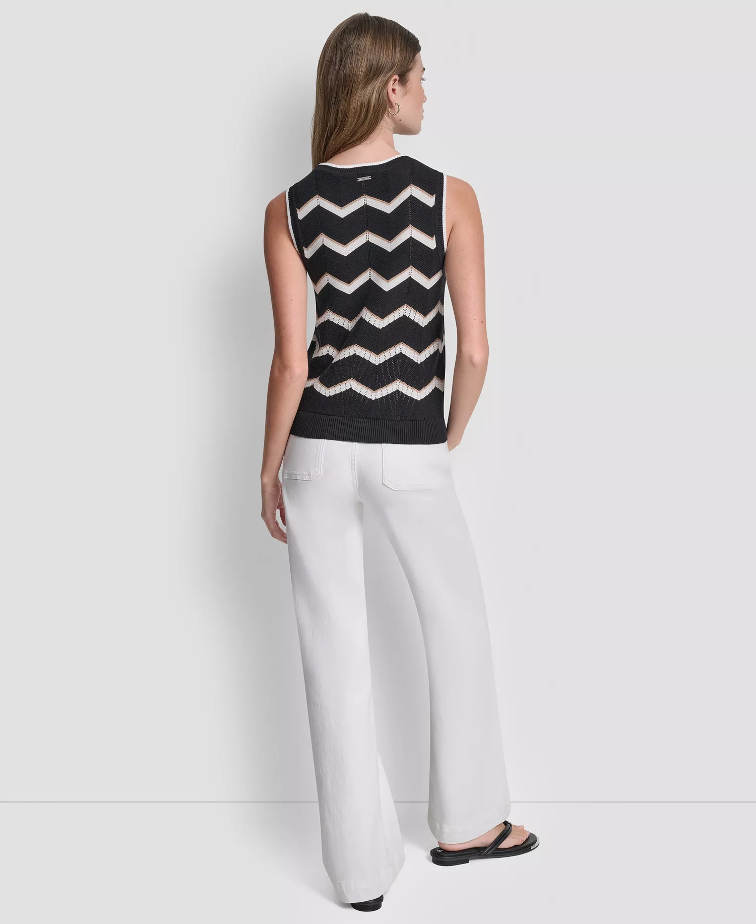 Women's Sleeveless Crew Neck Stripe Sweater - Black/ivory/teak - L