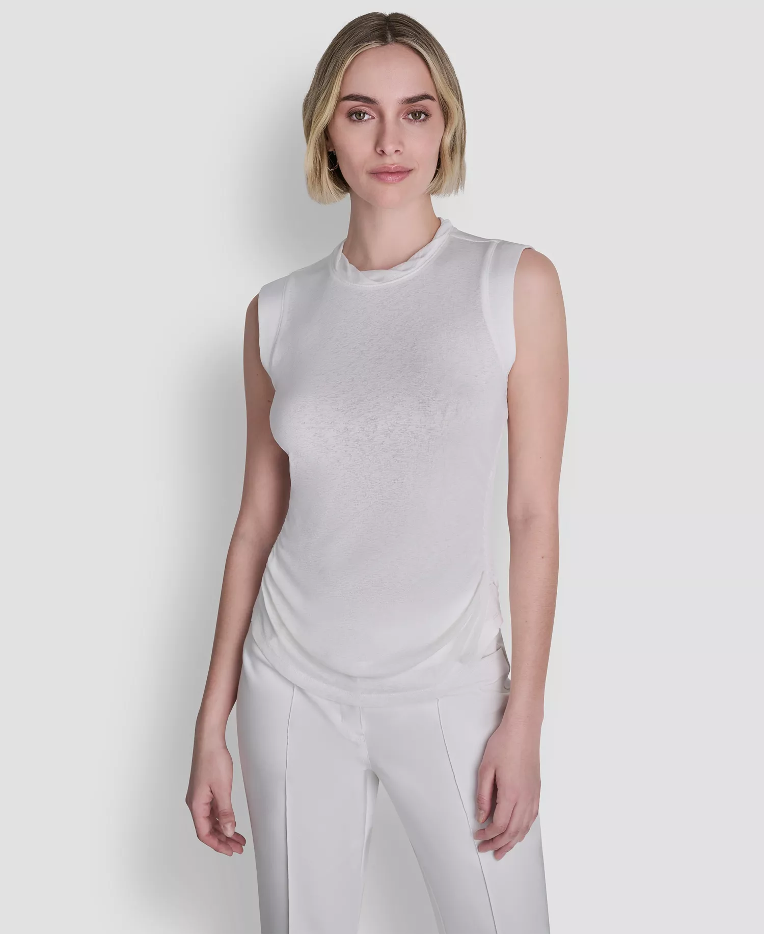 Women's Printed Tissue Knit Sleeveless Crew Neck Top - Ivory - L