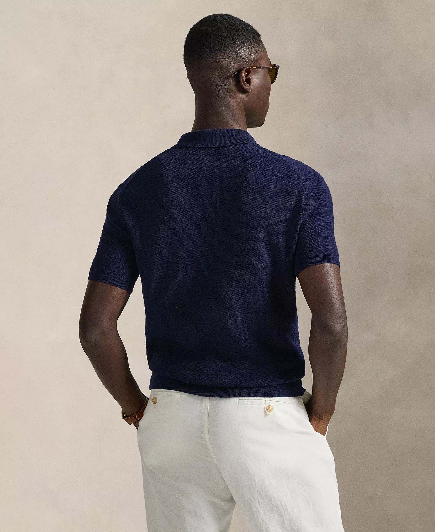 Men's Short-Sleeve Textured  Sweater Polo Shirt - Bright Navy - 2XL