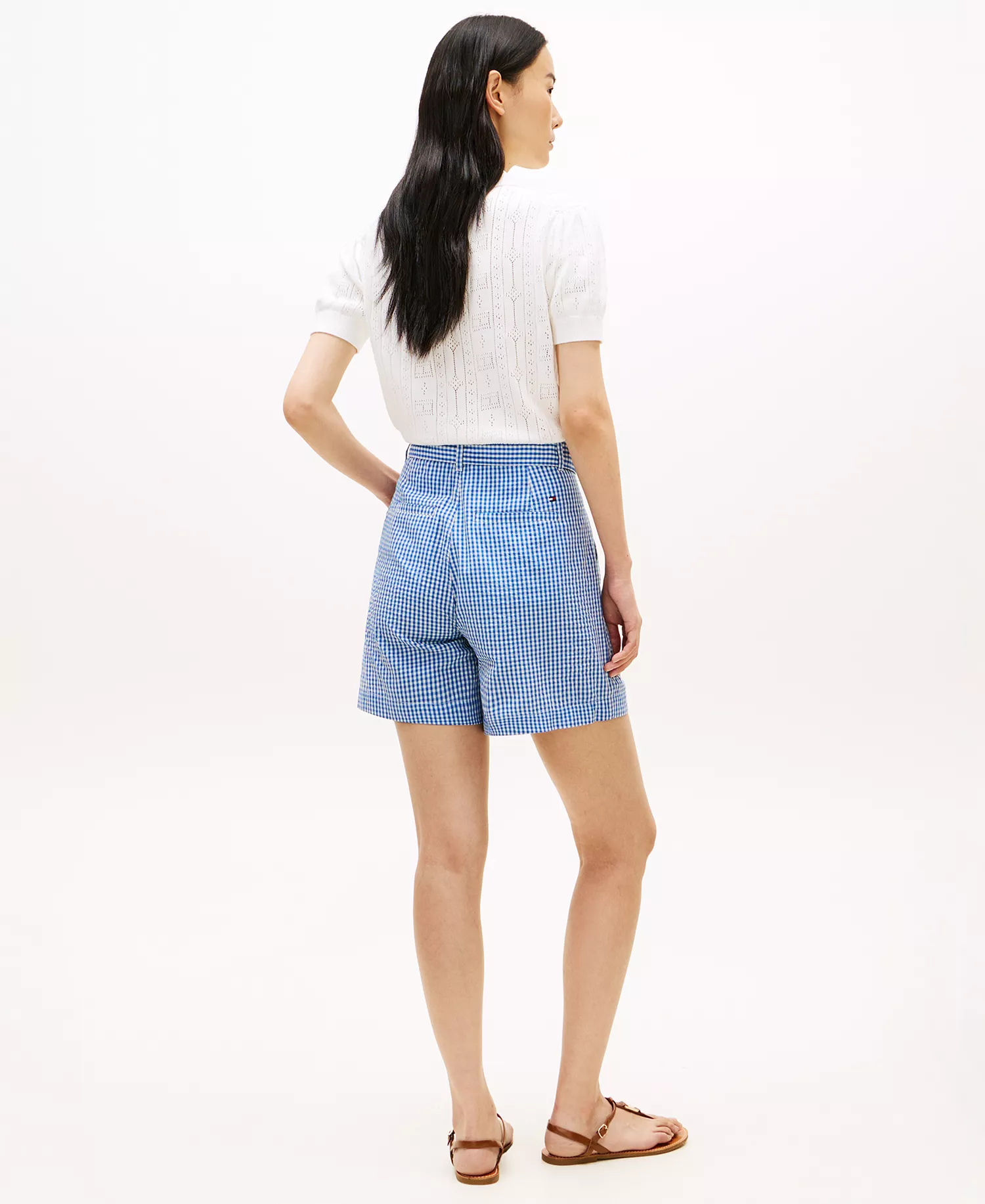 Women's Gingham Woven Belted Shorts - Blue - L