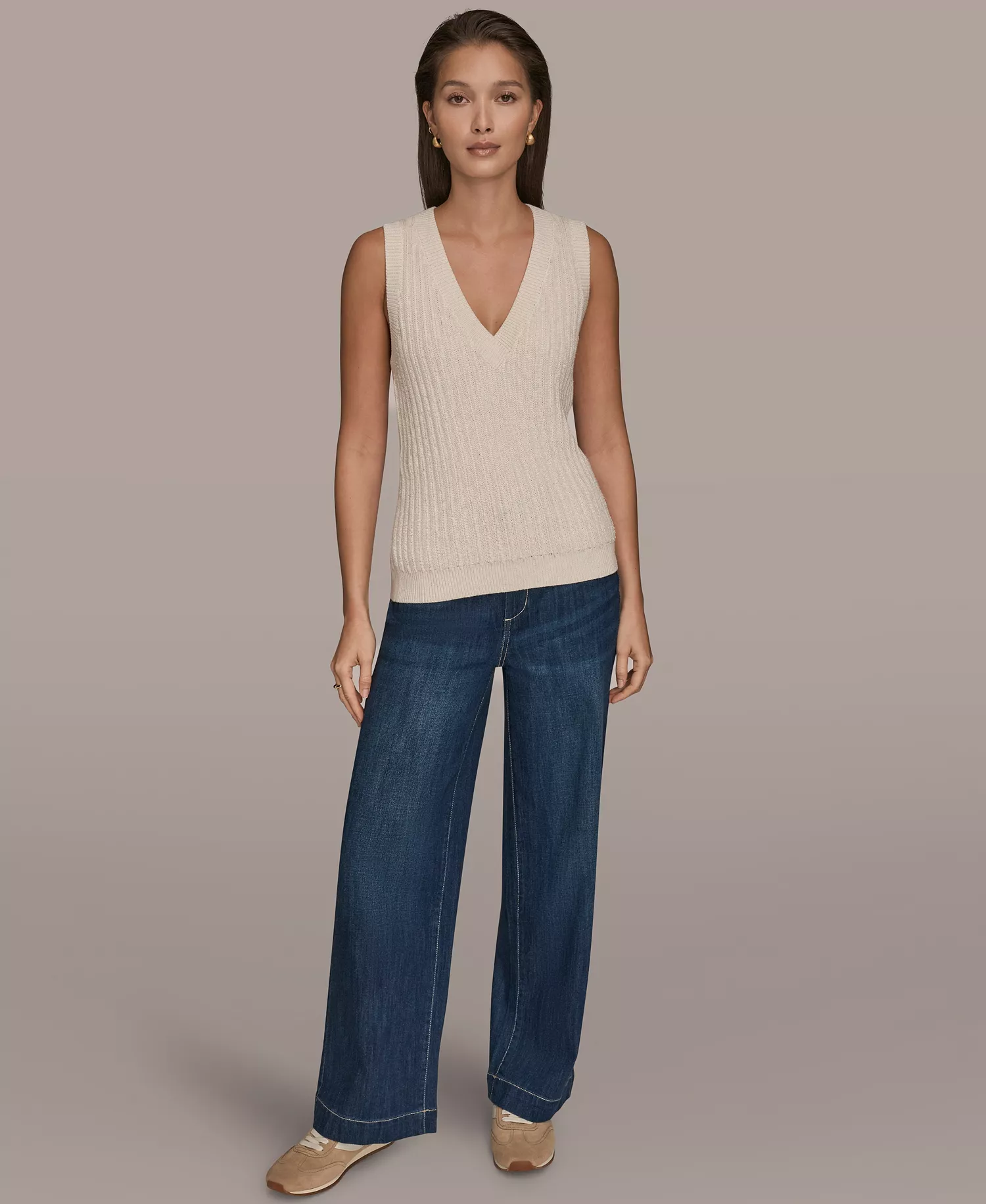 Women's Sleeveless V-Neck Loop Stitch Sweater Vest - Cream/silver - L