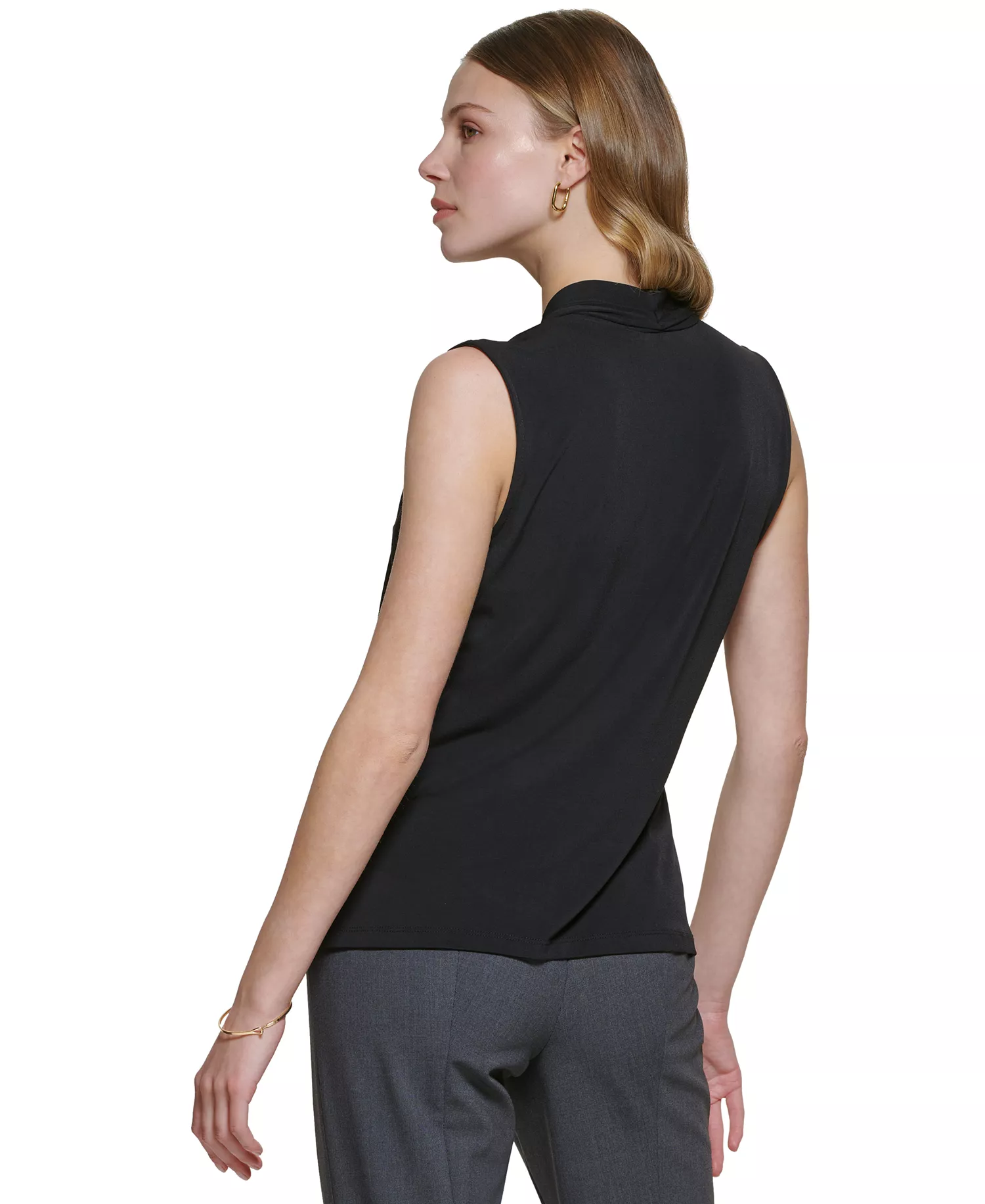 Gathered V-Neck Sleeveless Top - Black - L