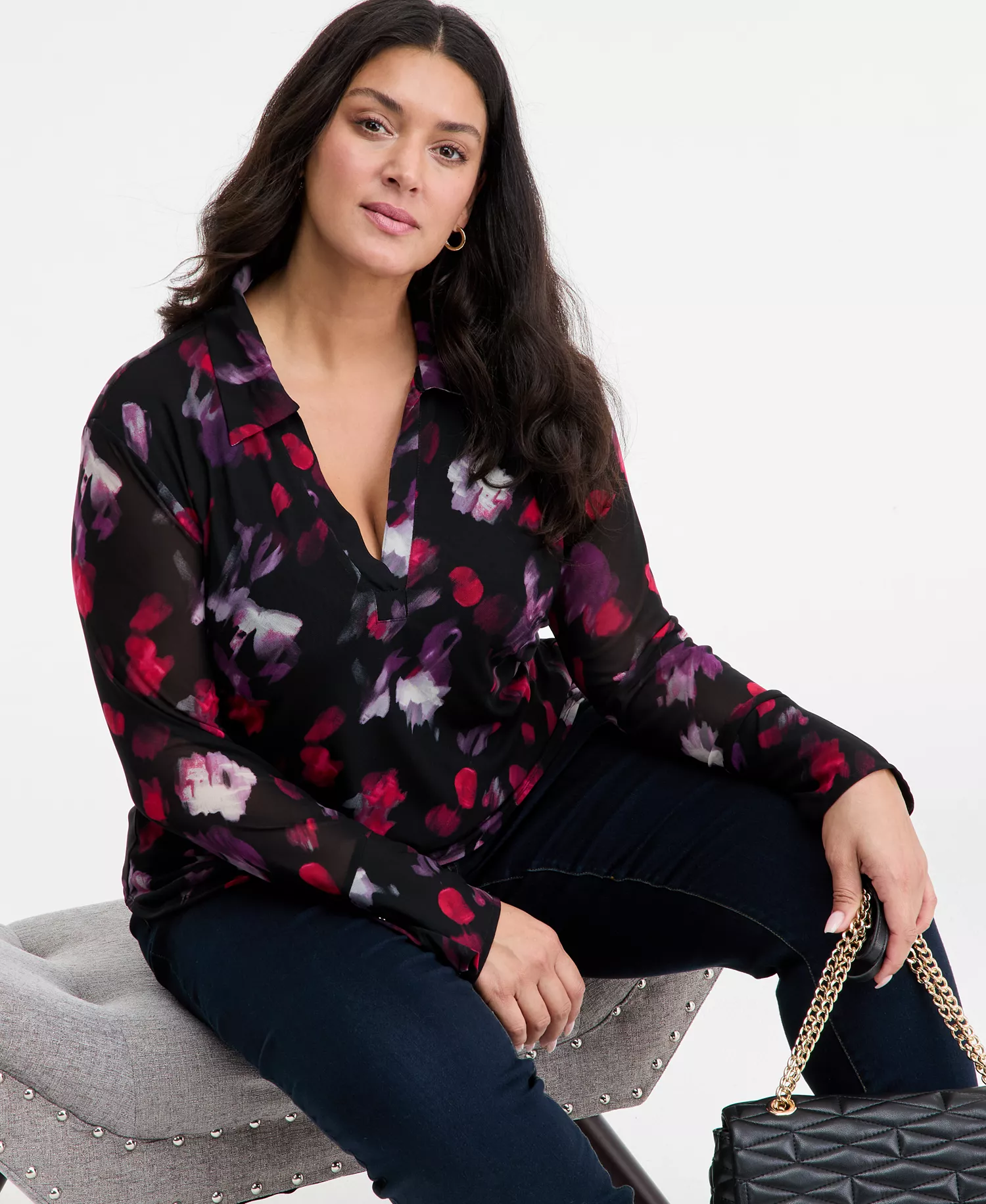 Plus Size Printed Collared Mesh Top, Macy's Exclusive  - Ava Blooms - 0X
