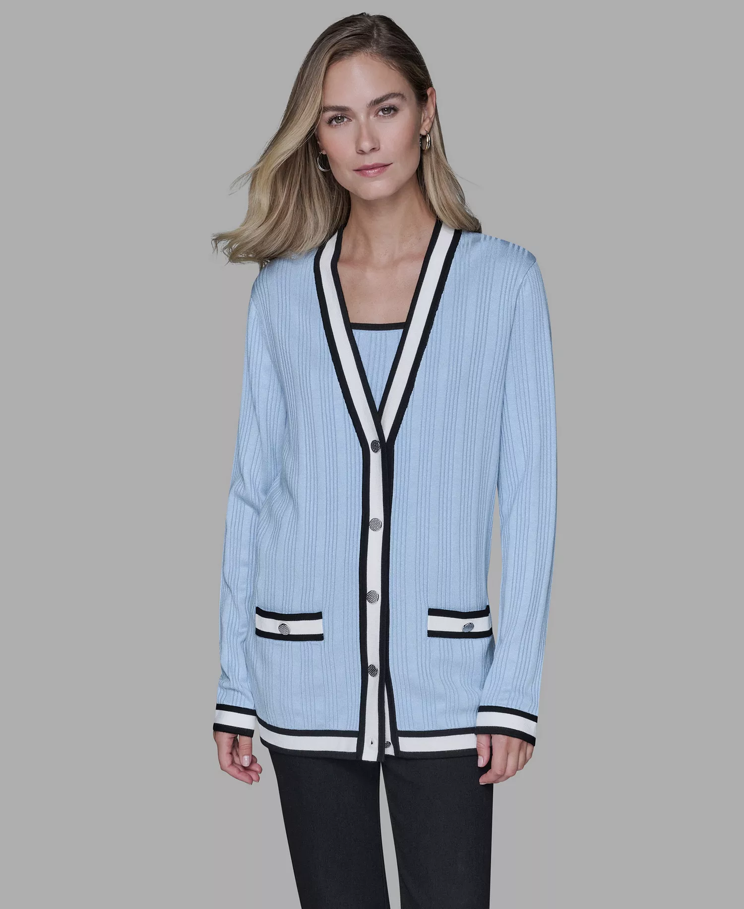Women's V-Neck Contrast Cardigan - Blue Aura - L