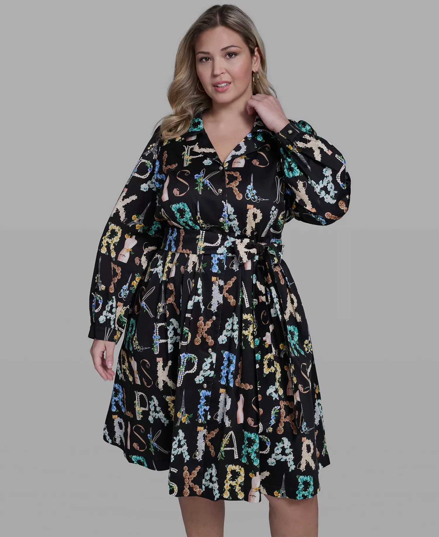 Plus Size Long-Sleeve Allover Letter Print Dress - Black/Panna Cotta Multi - 14W