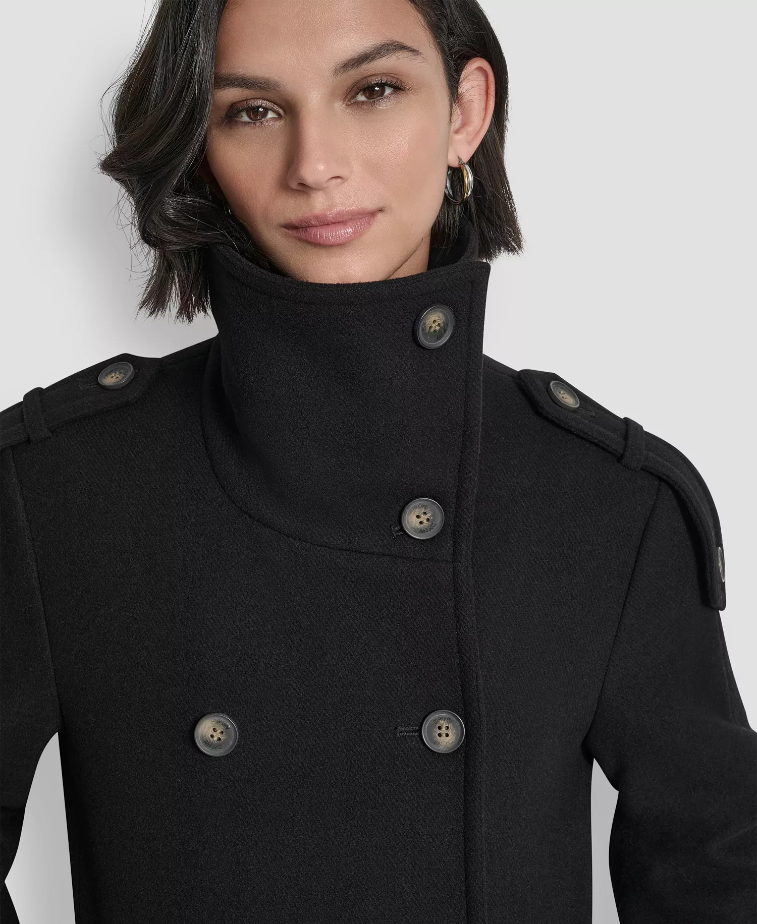 Women's Double-Breasted Funnel Neck Military Coat - Black - L