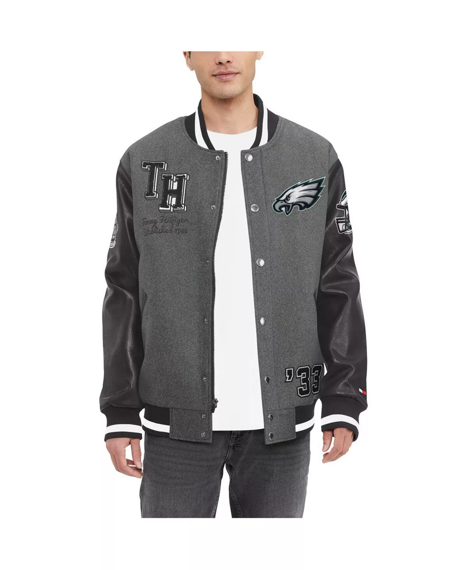 Men's Heather Gray, Black Philadelphia Eagles Gunner Full-Zip Varsity Jacket - Heather Gray, Black - L