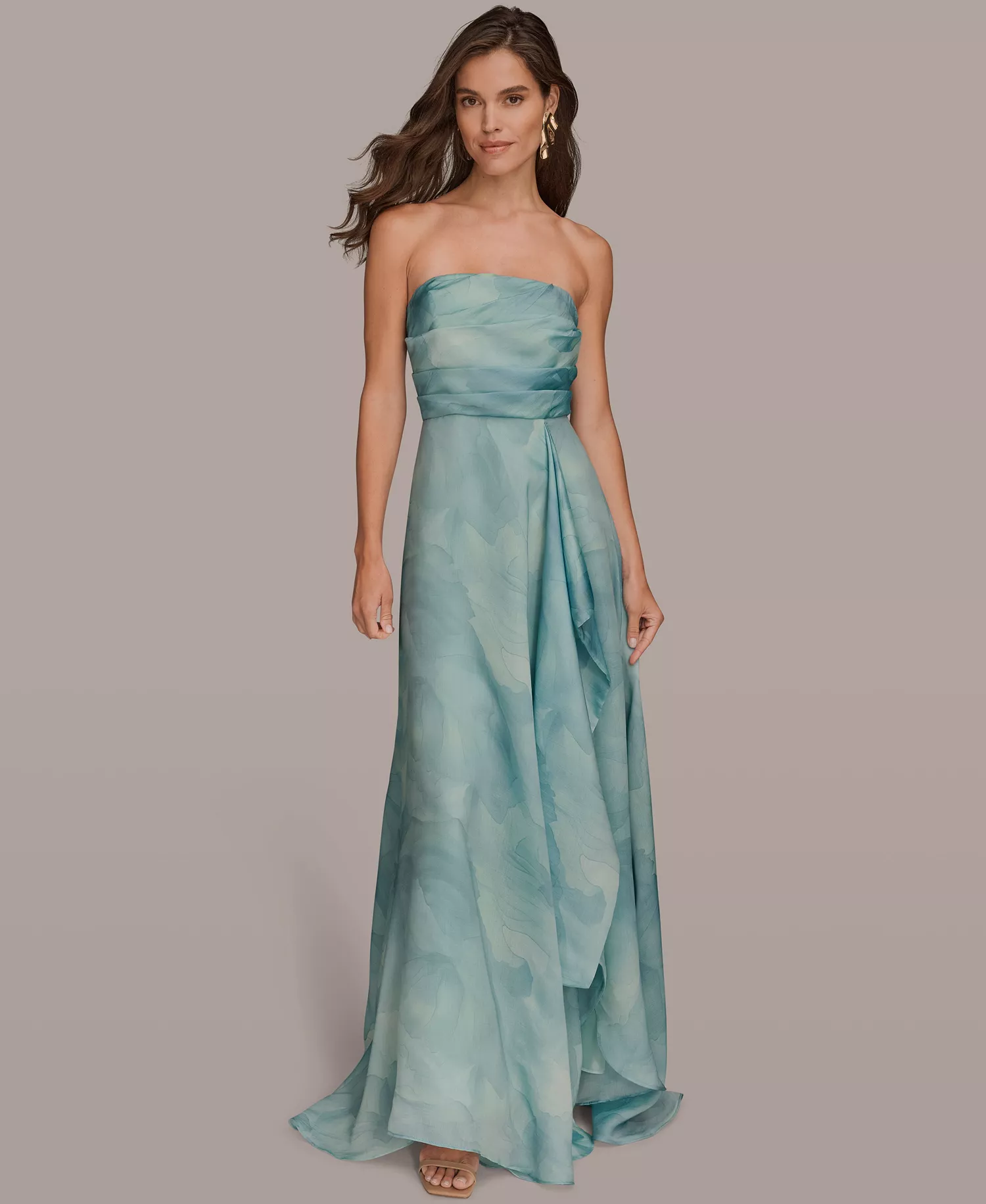 Women's Floral Print Strapless Ball Gown - Sea Mist Multi - 10