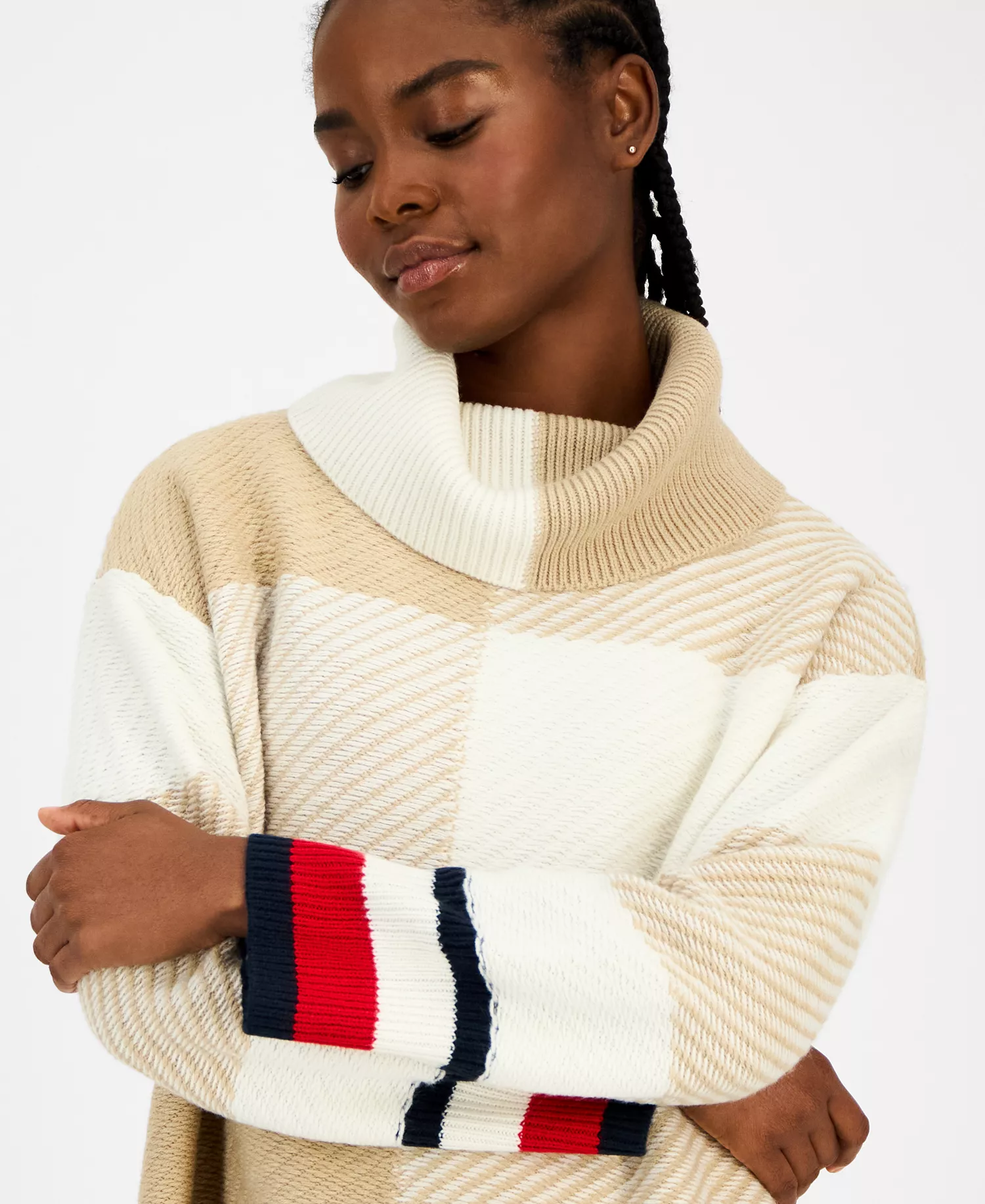 Women's Plaid Cowlneck Sweater  - Light Heather Fawn/ Ivory - L
