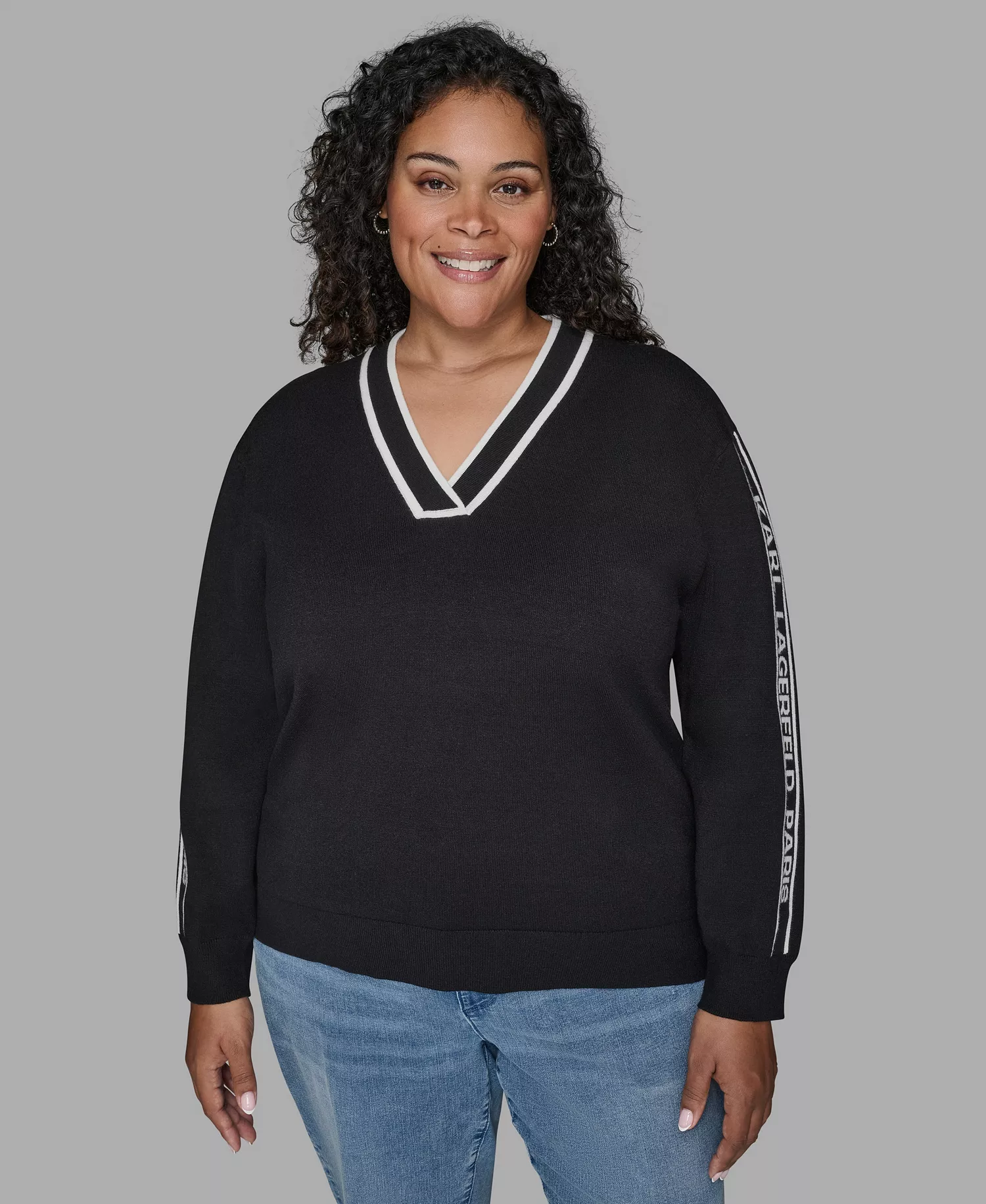Women's Plus Size V-Neck Side Logo Sweater - Black - 0X