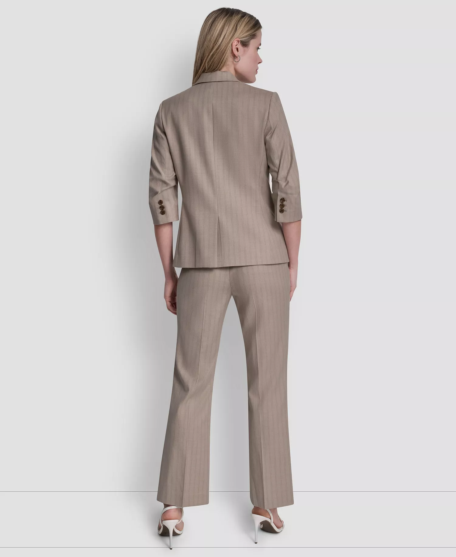 Petite Ruched Sleeve Notch Collar Blazer and Pinstripe Modern Fashion Pants - Beige - 0P