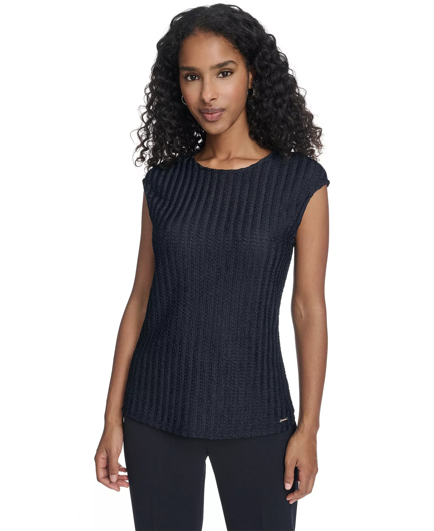 Women's Textured Cap Sleeve Top - Navy - L