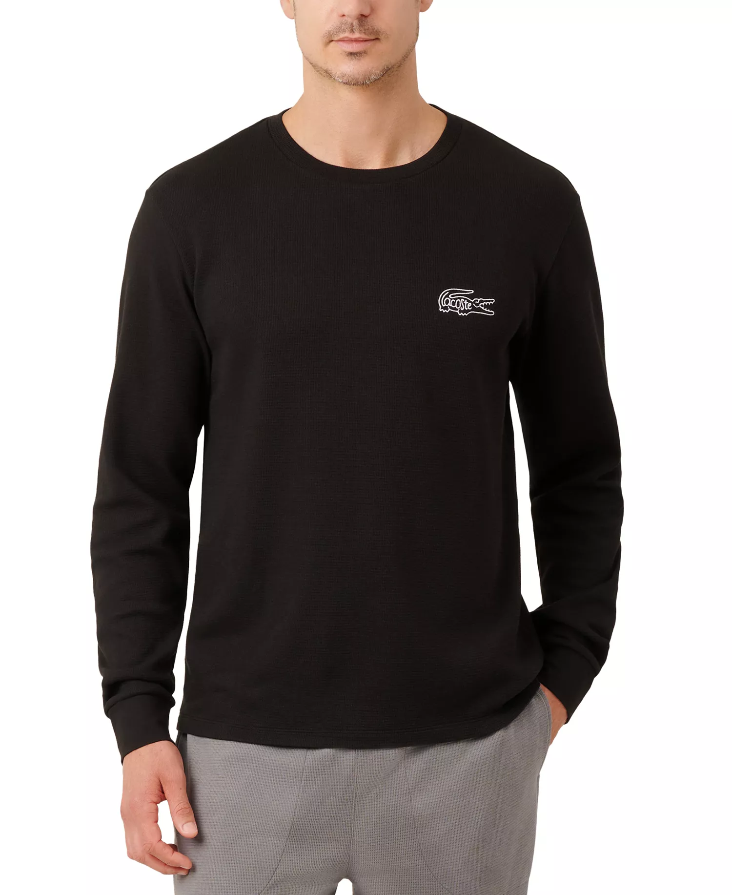 Men's Exclusive Crocodile Waffle-Knit Thermal Shirt - Black - L