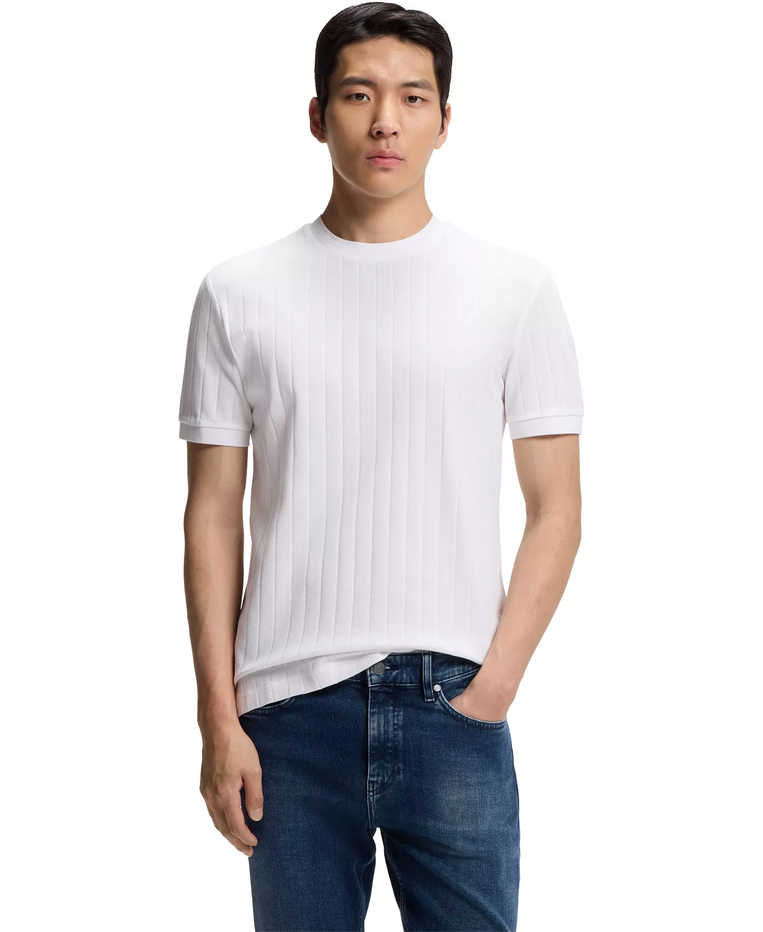 Men's Mercerized-Cotton Structured Stripes T-Shirt - White - L