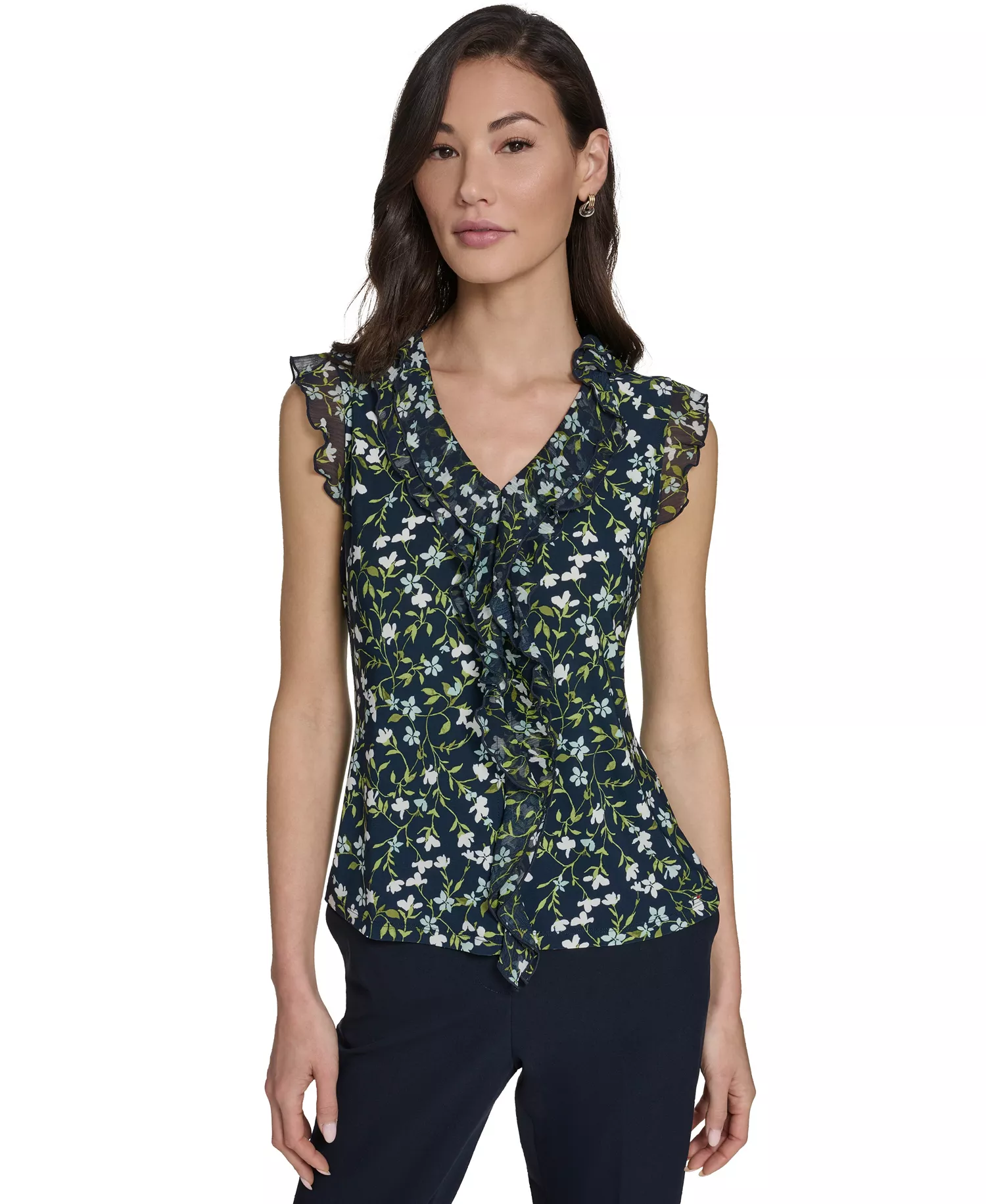 Women's Floral Vine Mixed Media Ruffle Top - Midnight/Harbor Gray - L