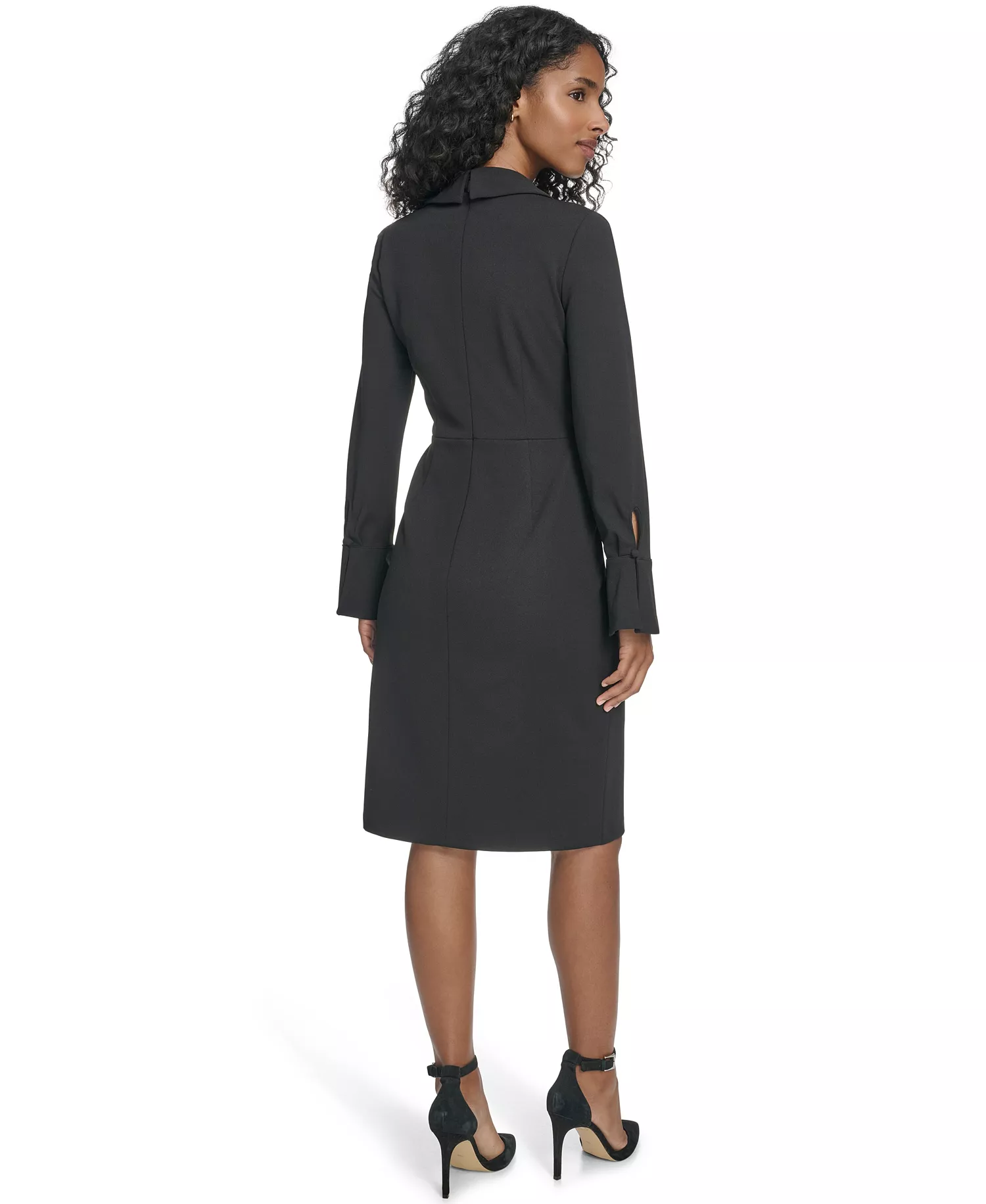 Women's Petite Collar Long-Sleeve Midi Shirtdress - Black - 0P