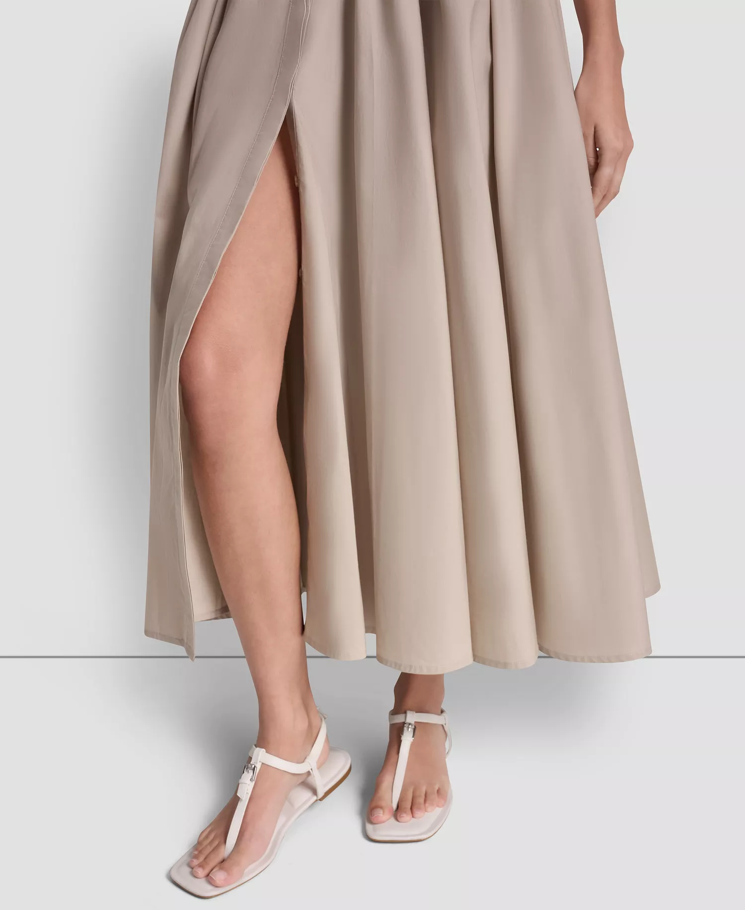 Women's Poplin Smocked-Waist V-Neck Midi Dress - Pebble - L