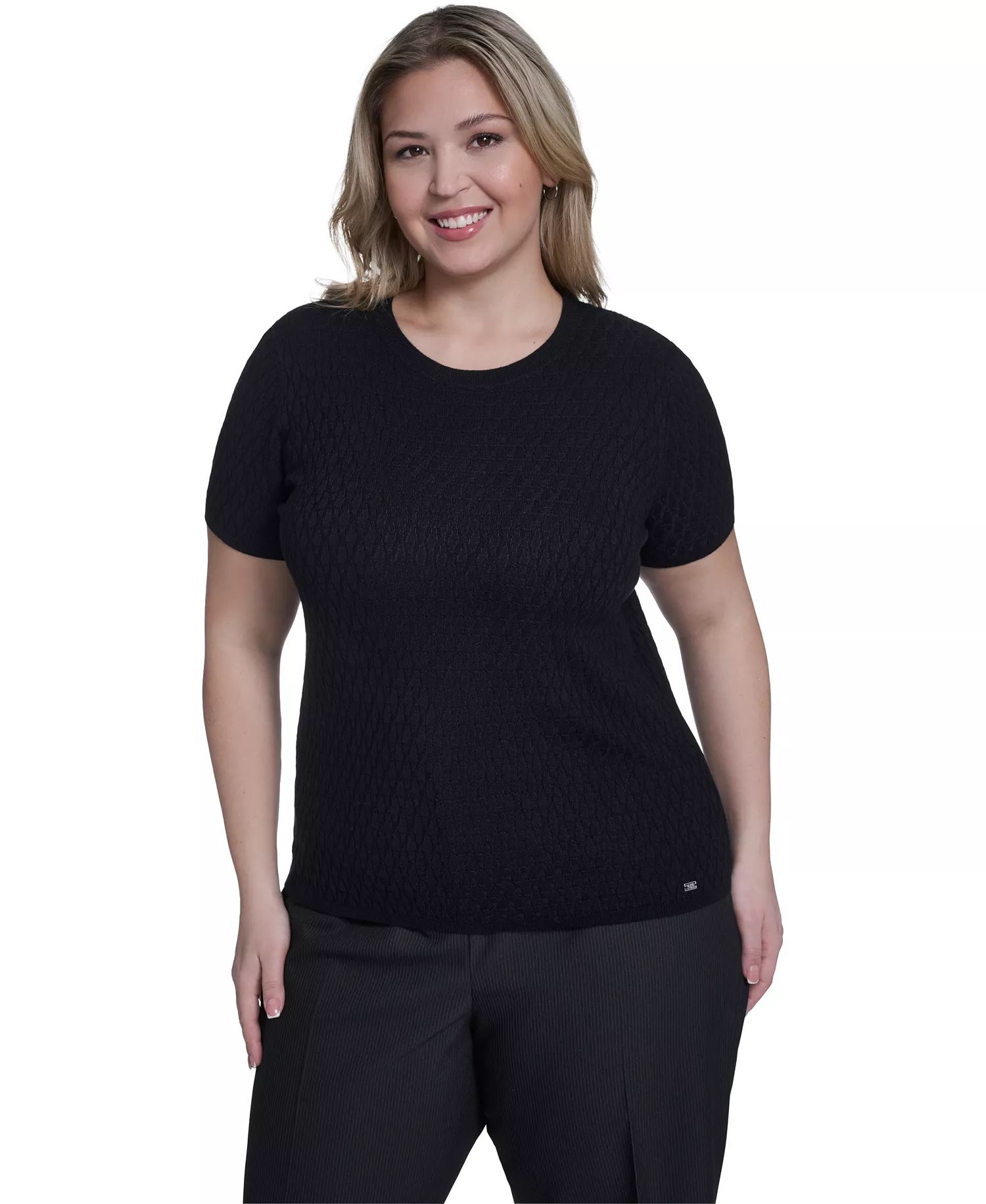 Plus Size Short-Sleeve Crew Neck Sweater - Black - 1X